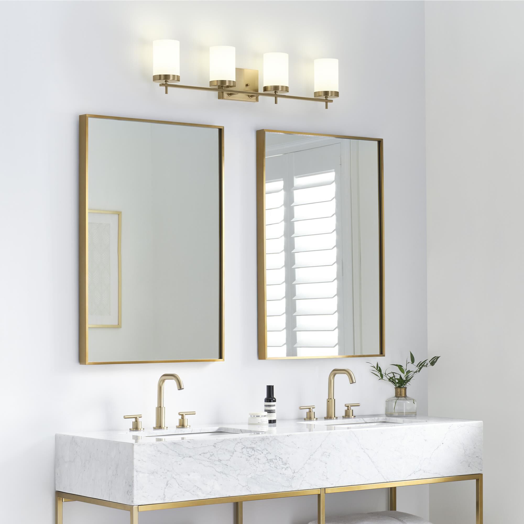 Shown in Satin Brass finish and White Etched glass