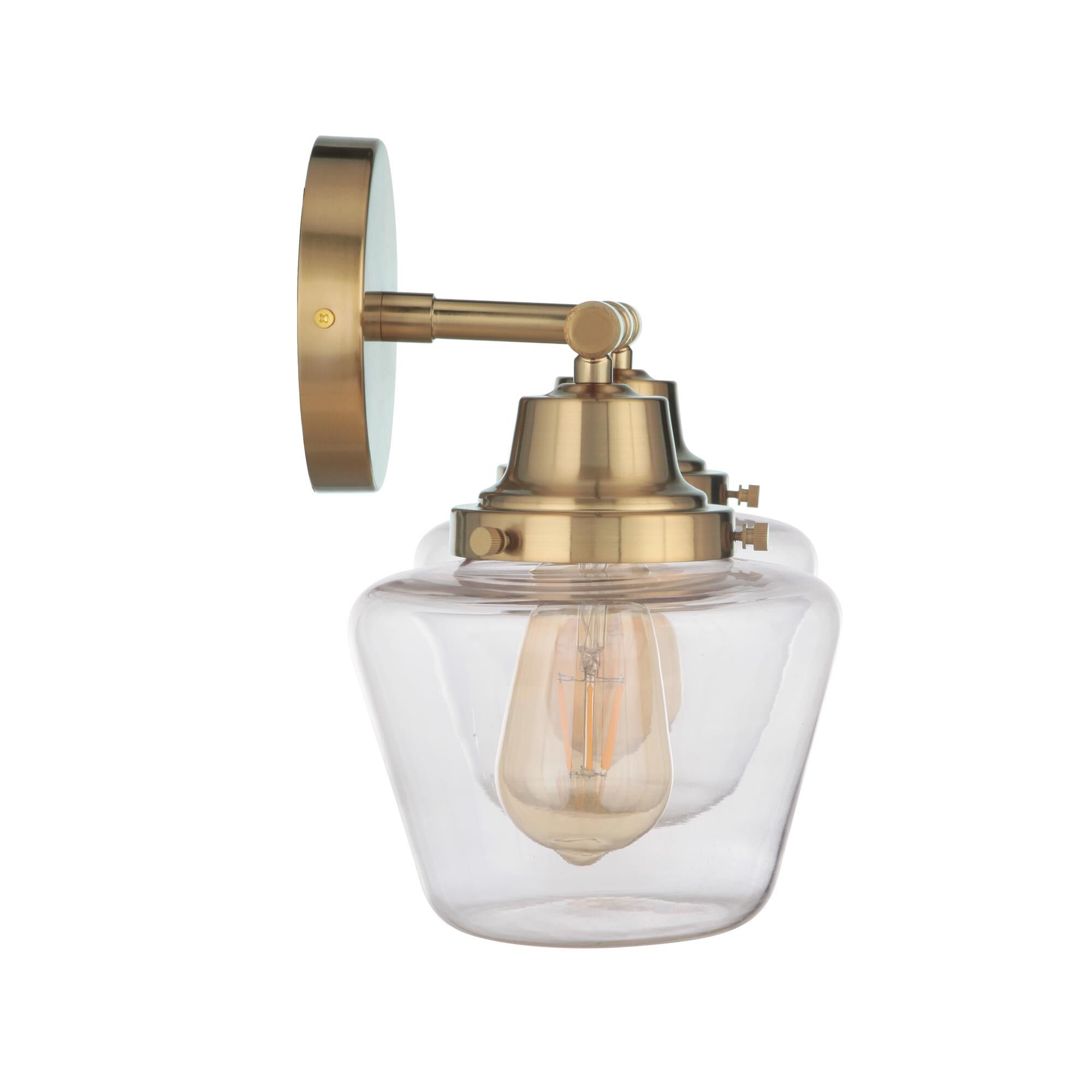 Shown in Satin Brass finish and Clear glass and Glass shade