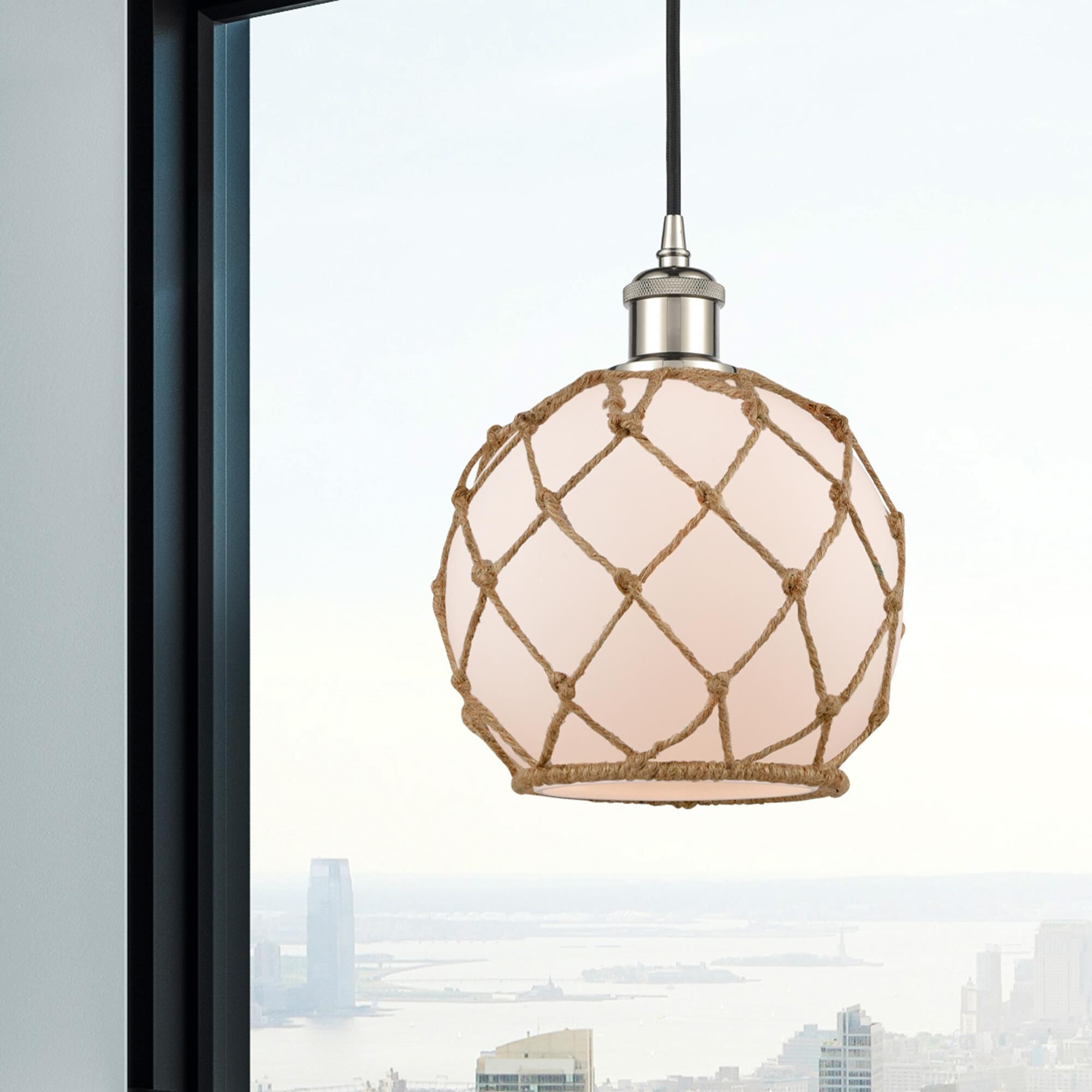 Shown in Polished Nickel finish and White Farmhousewith Brown Rope glass and Polished Chrome accent