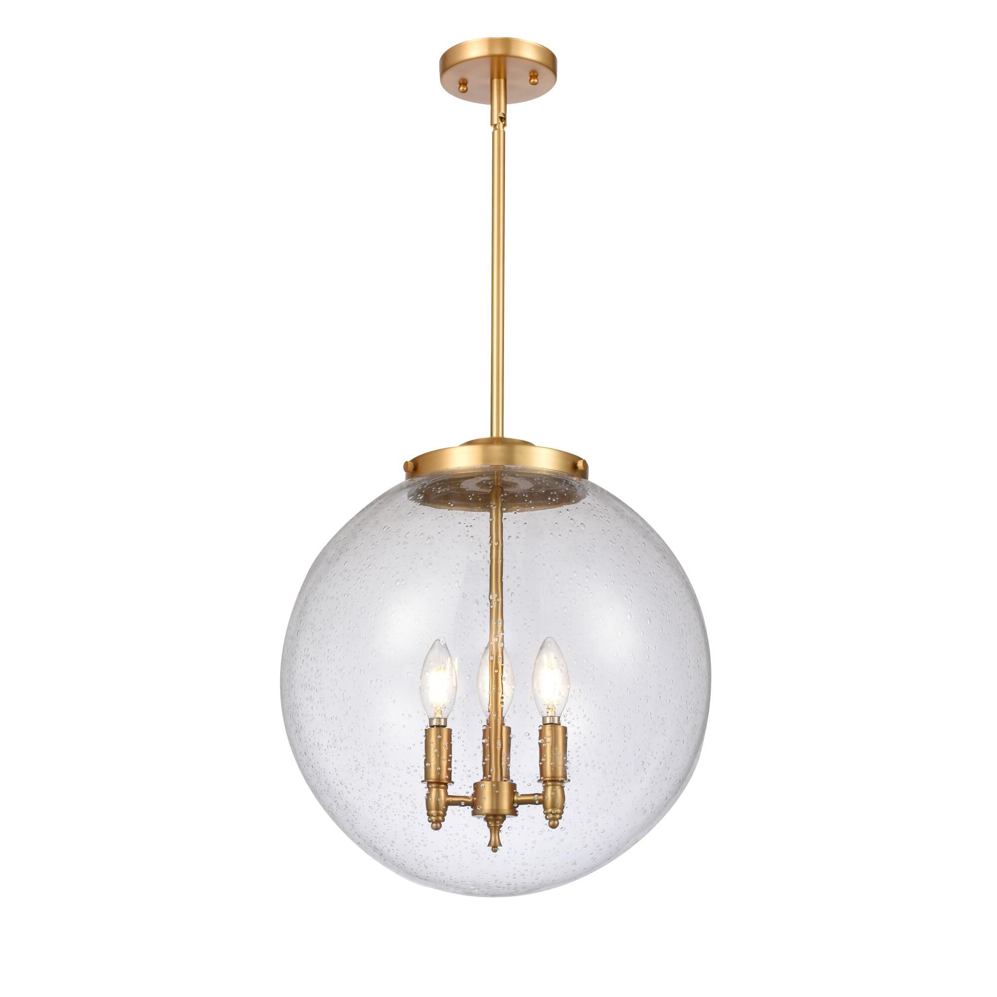 Shown in Satin Gold finish and Seedy Beacon glass