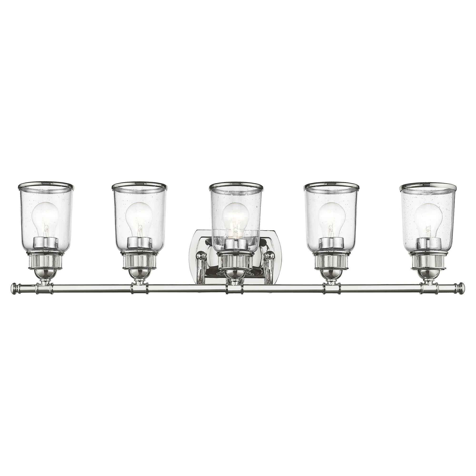 Shown in Polished Chrome finish and Hand Blown Clear Seeded glass