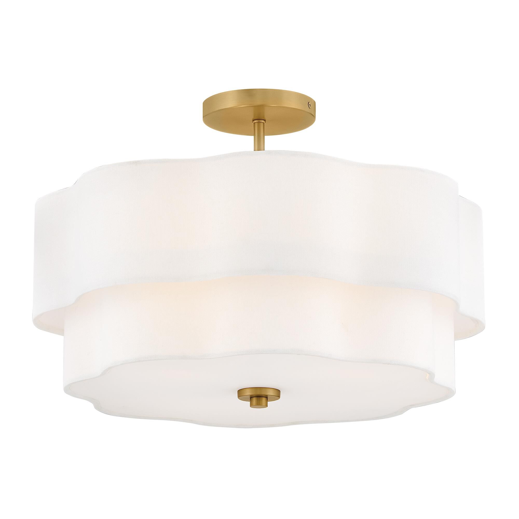Shown in Lacquered Brass finish and Etched White glass and Off-White Linen shade