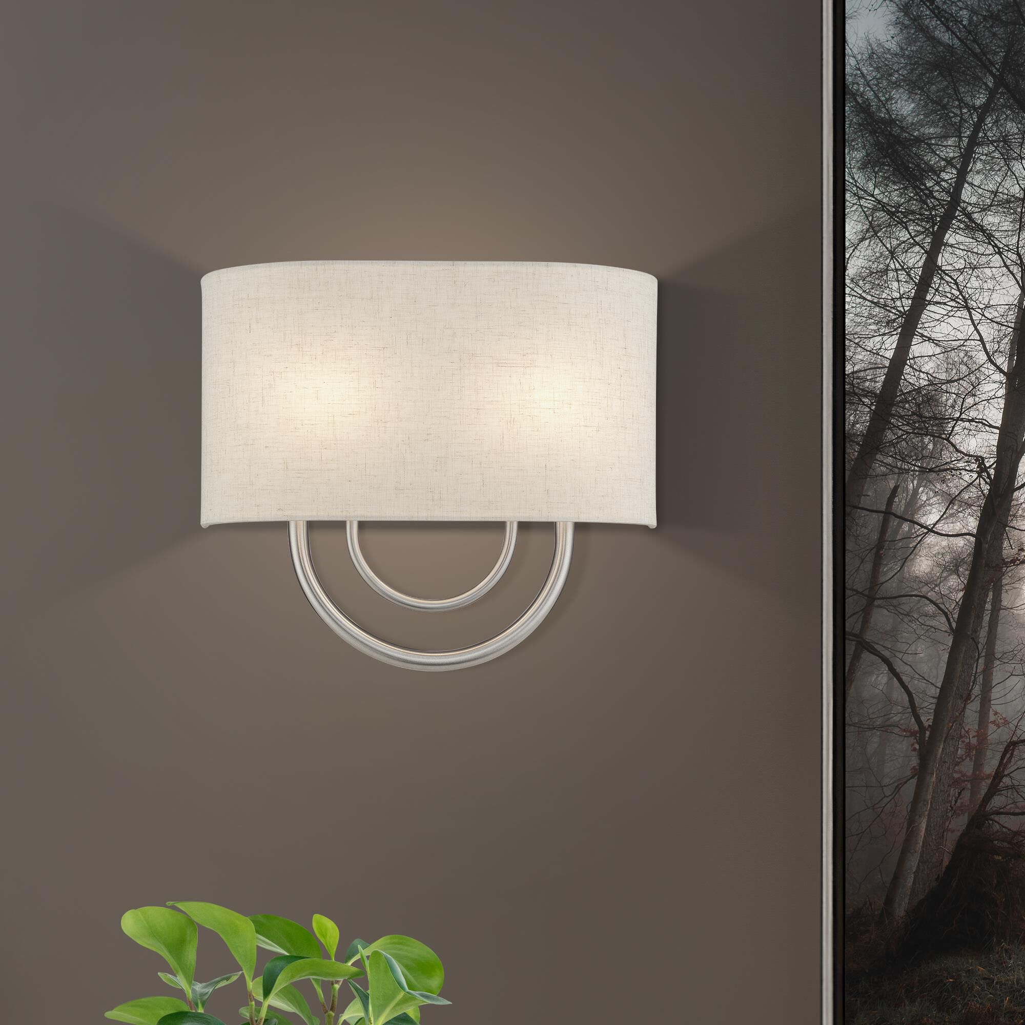 Shown in Brushed Nickel finish and Hand Crafted Oatmeal Color Fabric Hardback with White Fabric Inside shade