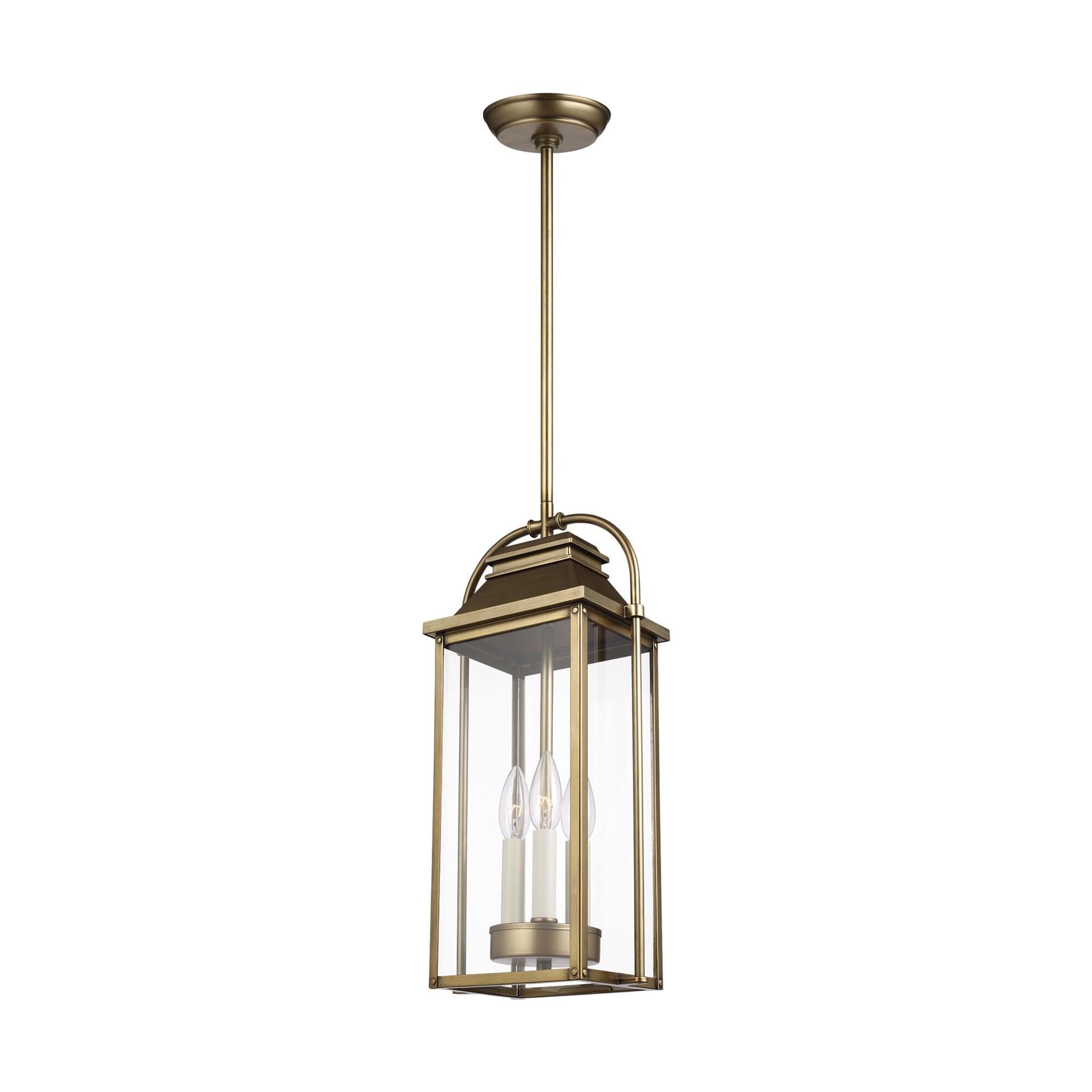 Shown in Painted Distressed Brass finish and Clear Panels glass