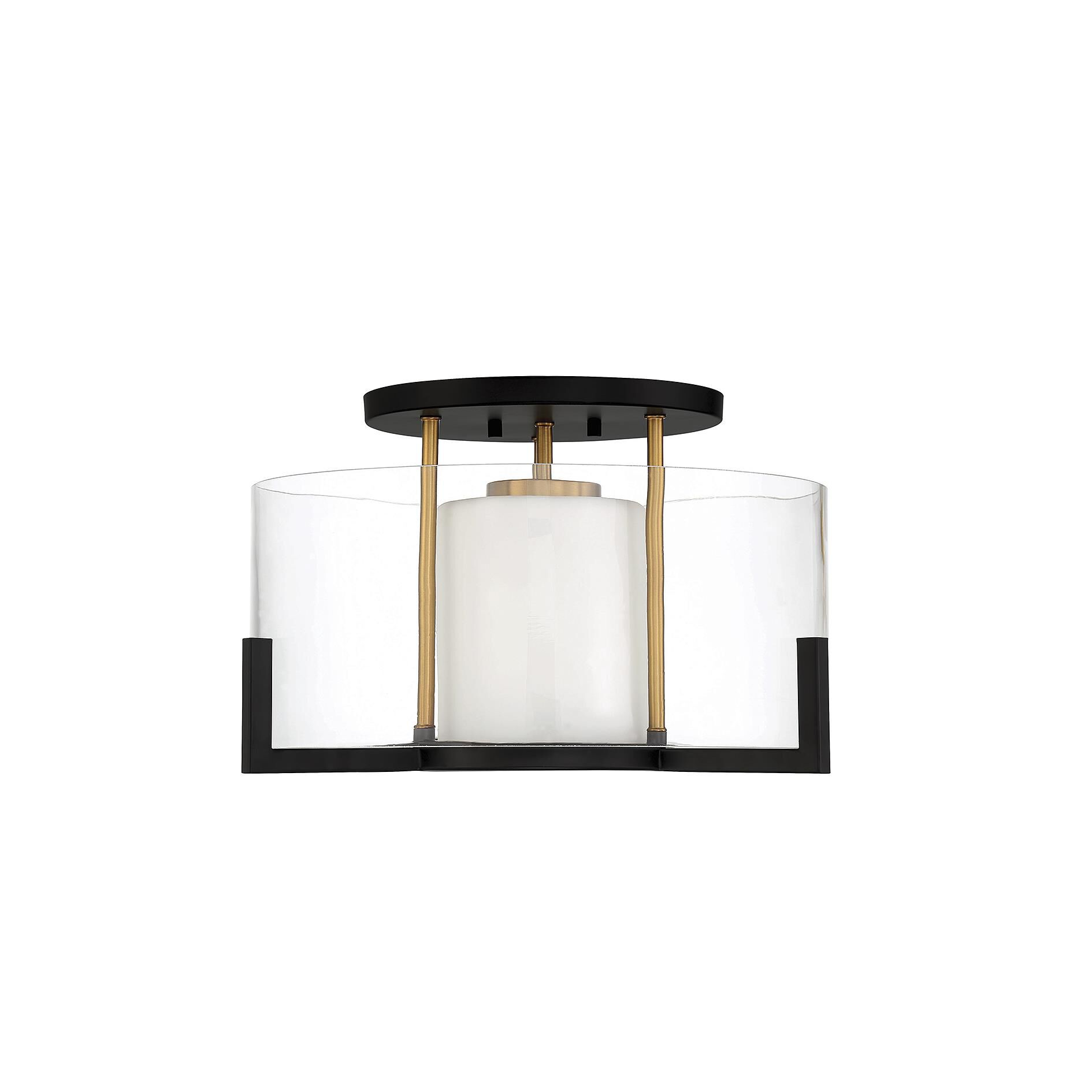Shown in Matte Black With Warm Brass Accents finish and Clear Outer , White Opal Chimney glass and Glass shade