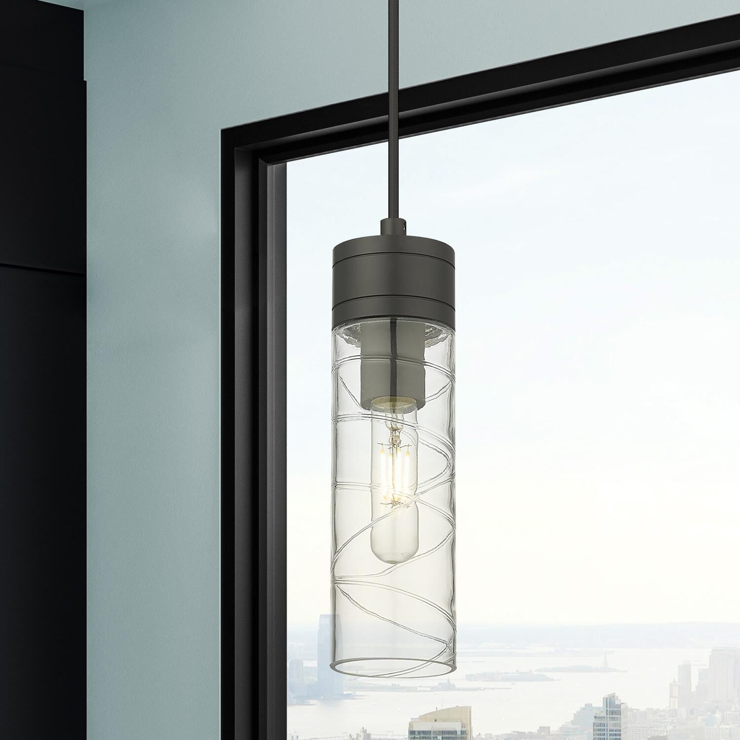 Shown in Matte Black finish and Deco Swirl glass