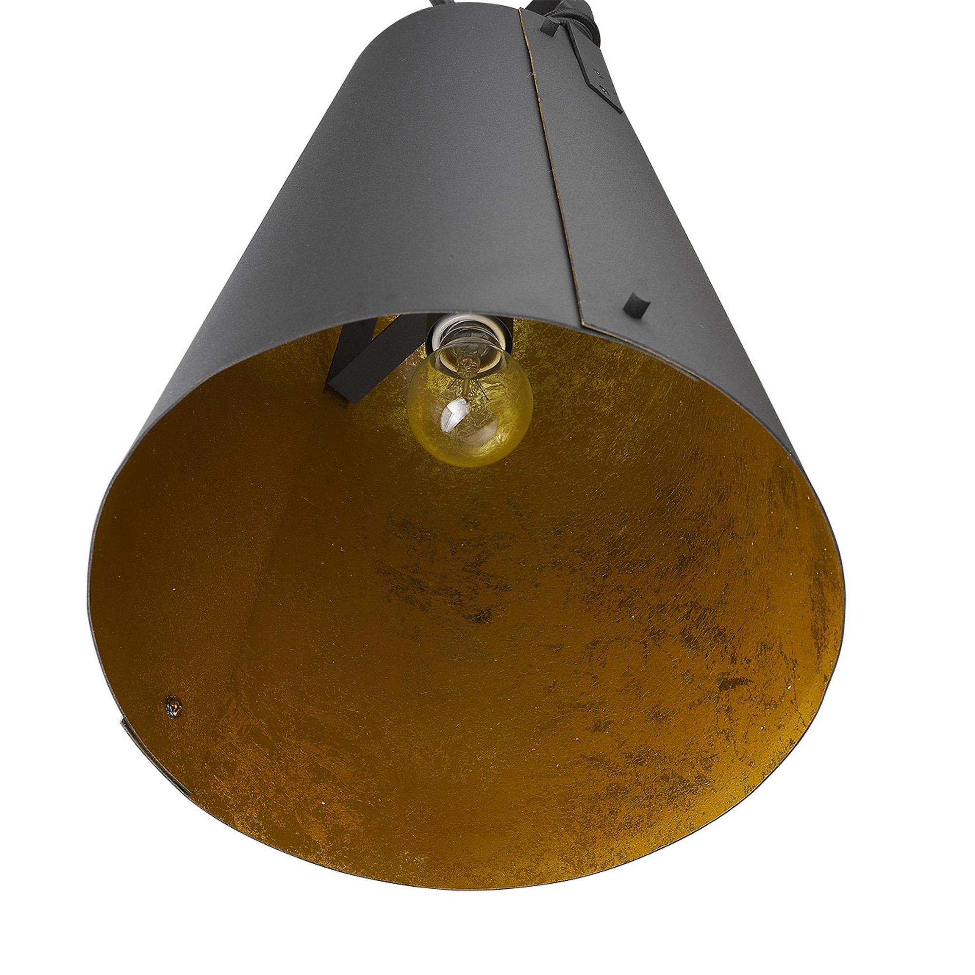 Shown in Matte Black finish and Black glass and Black Metal Cone Shaped  W/ Gold Interior shade