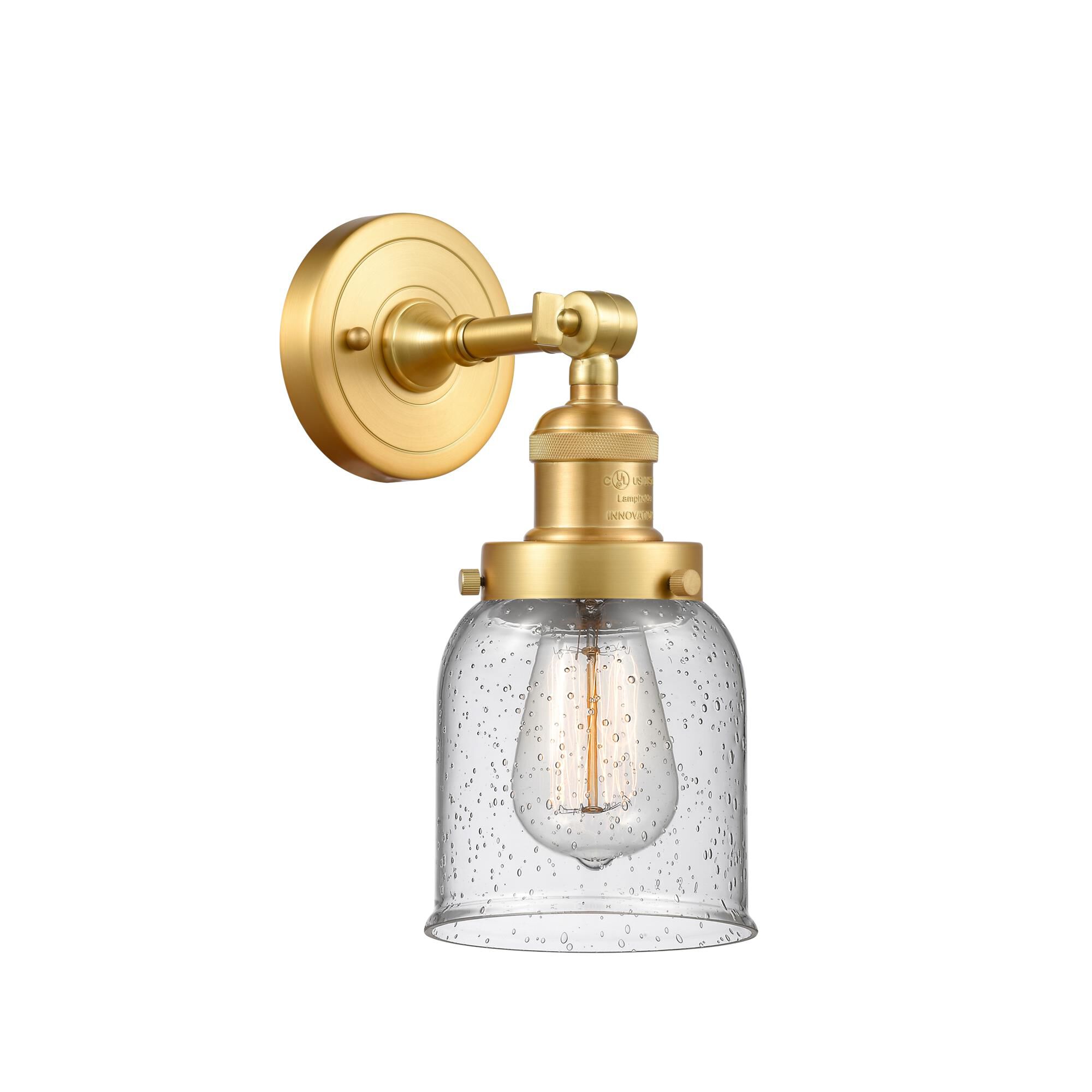 Shown in Satin Gold finish and Seedy Small Bell glass