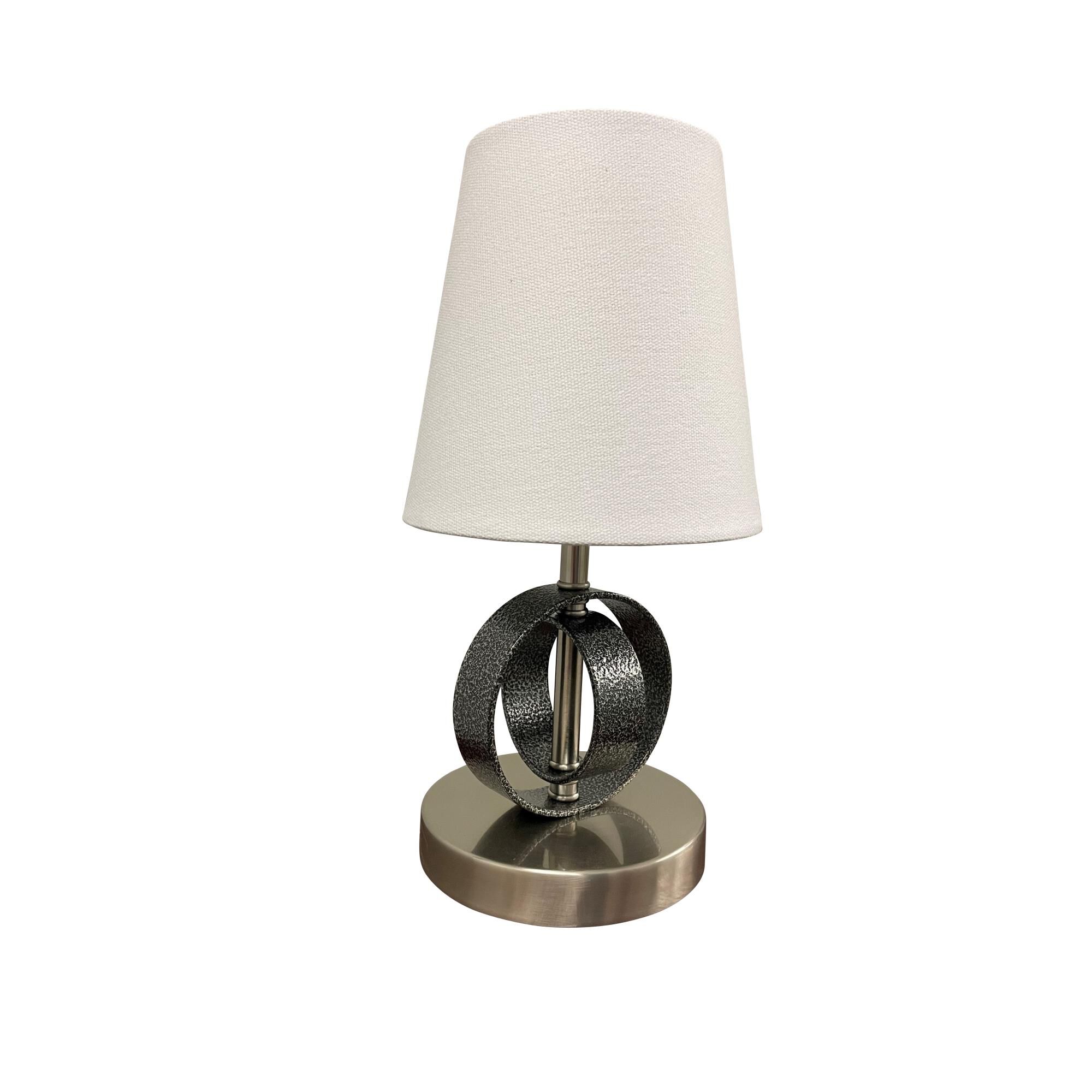 Shown in Satin Nickel and Supreme Silver finish and White Linen Hardback shade