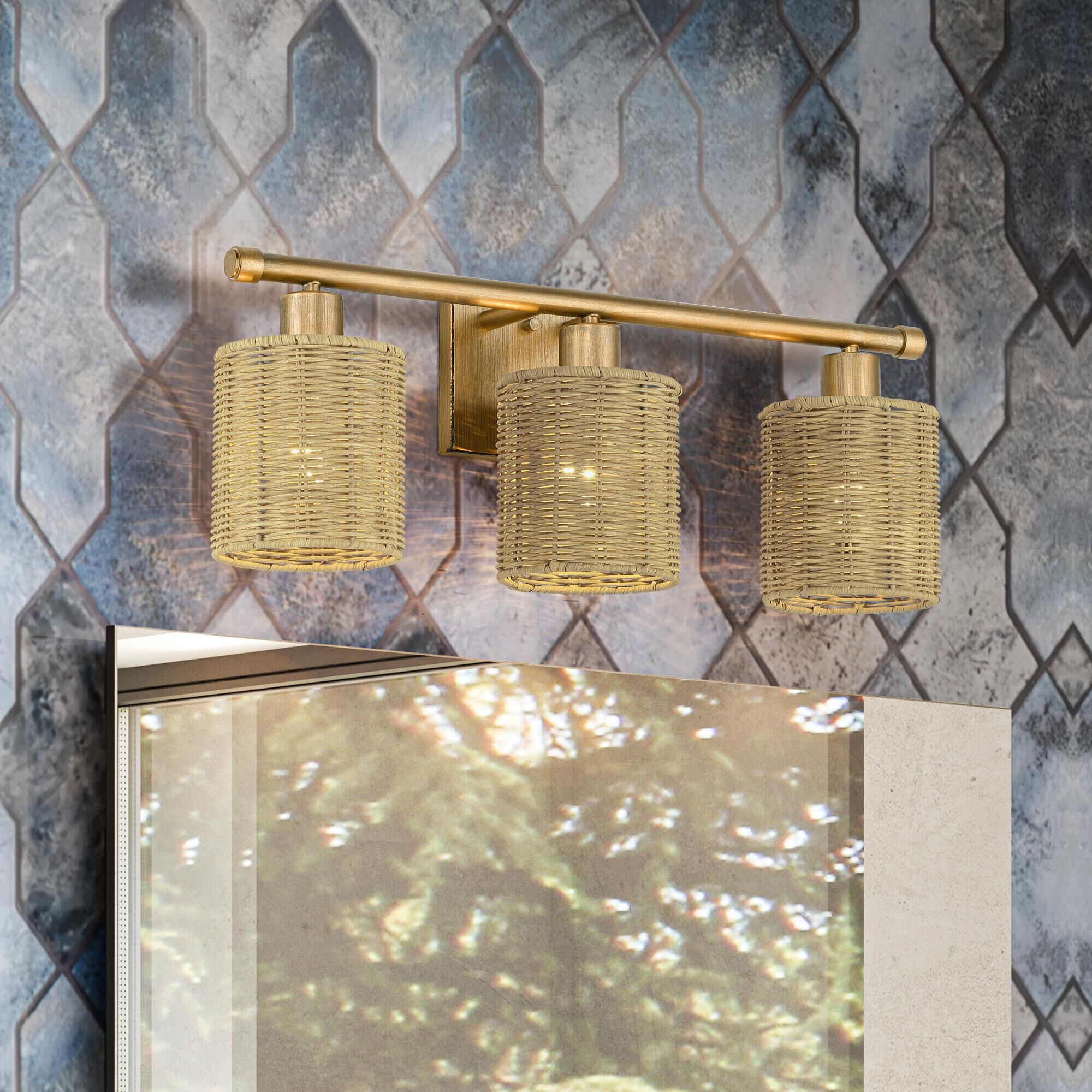 Shown in Antique Gold Leaf finish and Hand-Woven Rustic Walnut Color Rattan shade