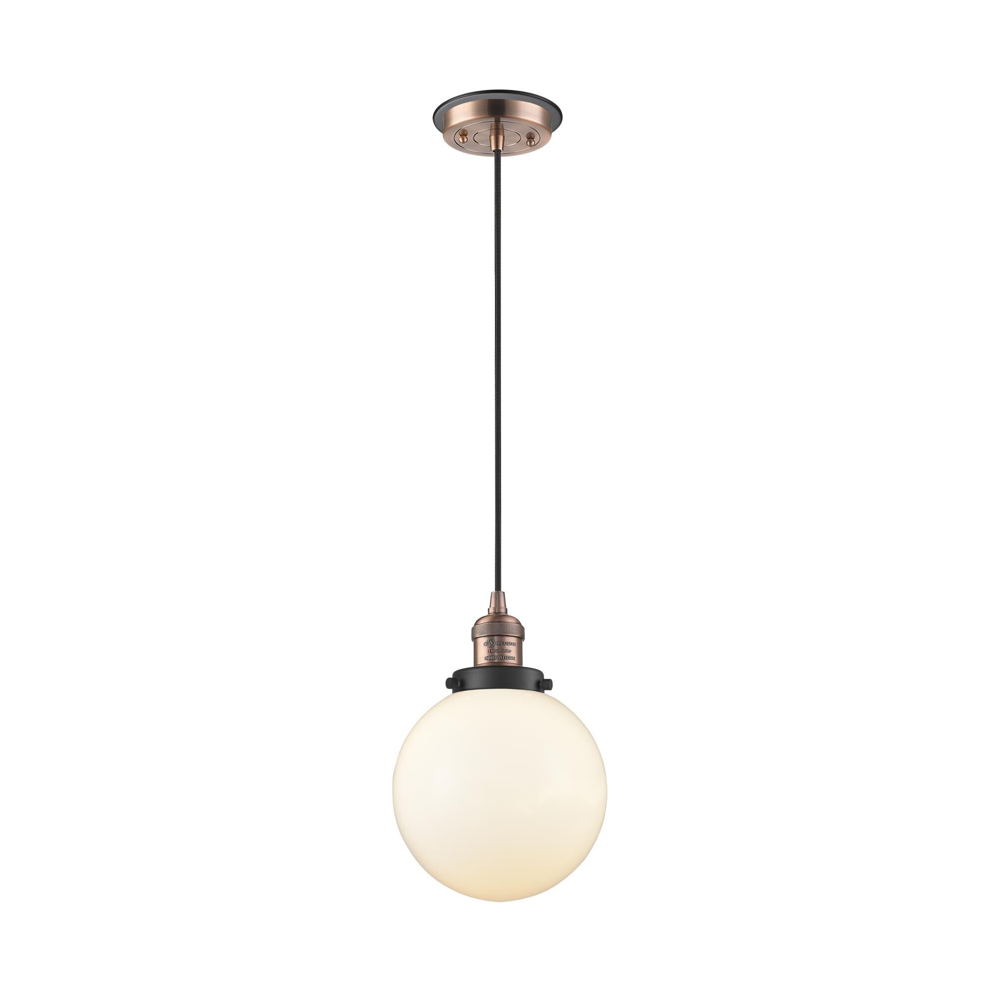 Shown in Antique Copper finish and Matte White Cased Beacon glass and Matte Black accent