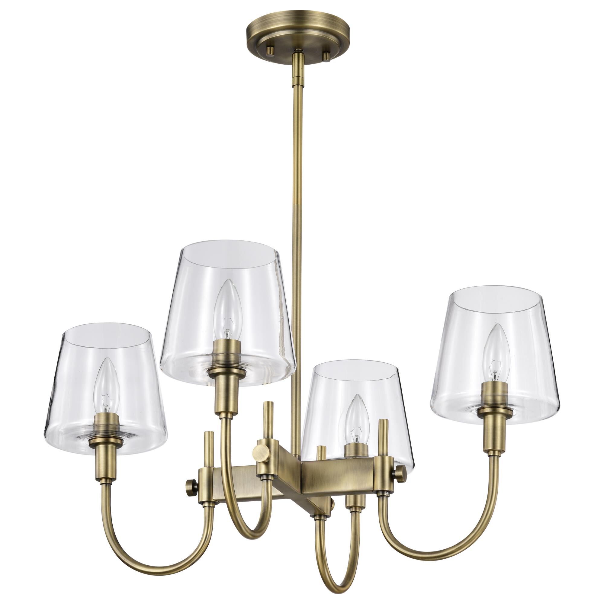 Shown in Vintage Brass finish and Clear glass and Glass shade