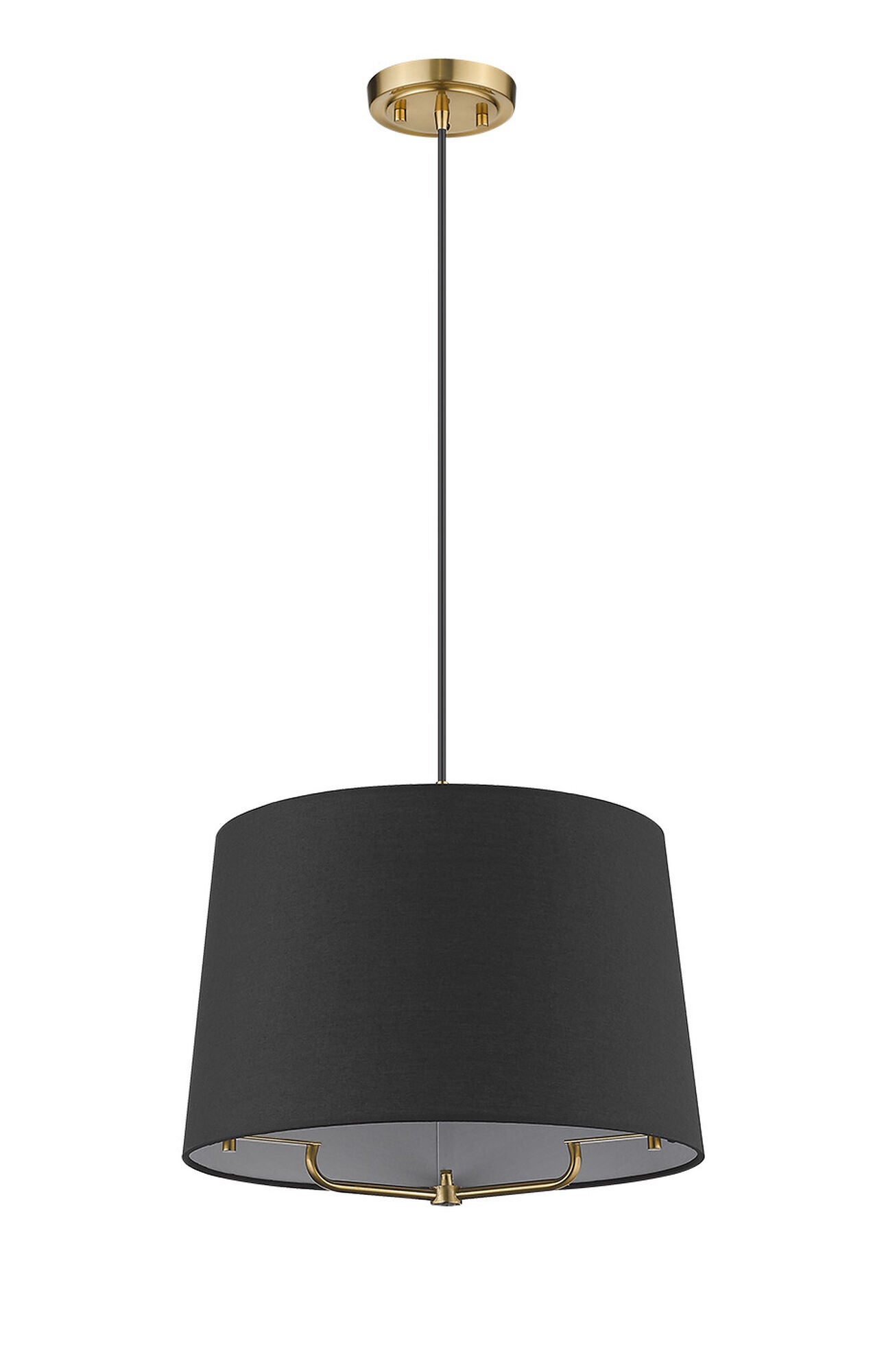 Shown in Gold finish and Matte Black glass and Black Hardback Linen Drum shade