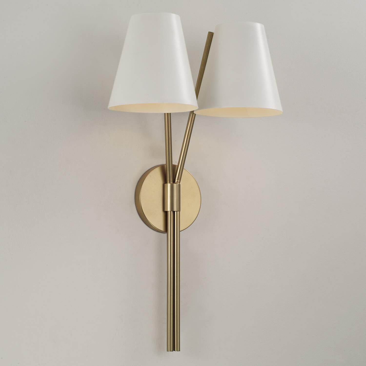 Shown in Aged Brass And White finish and White Metal s shade