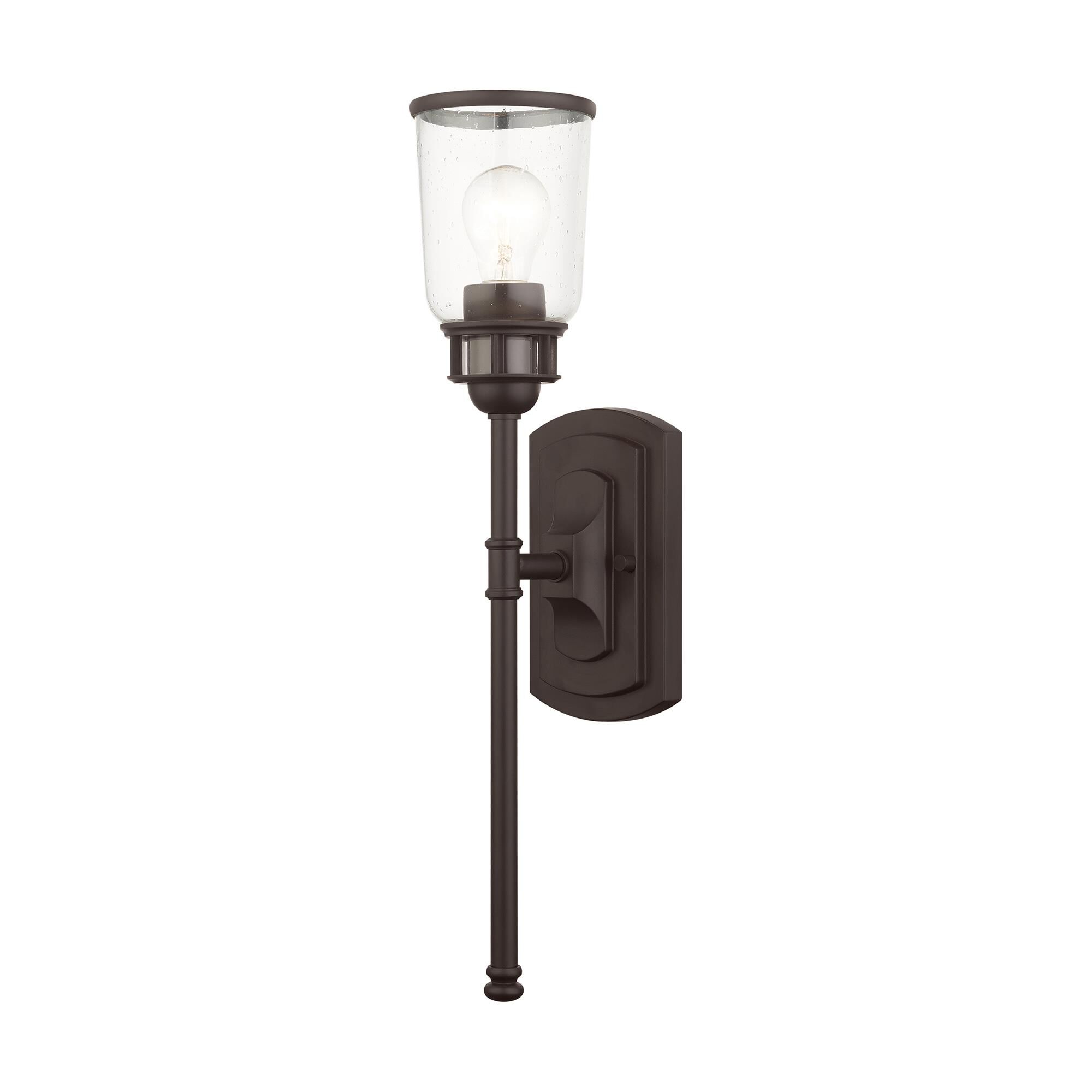 Shown in Bronze finish and Hand Blown Clear Seeded glass and Hand Blown Clear Seeded Glass shade
