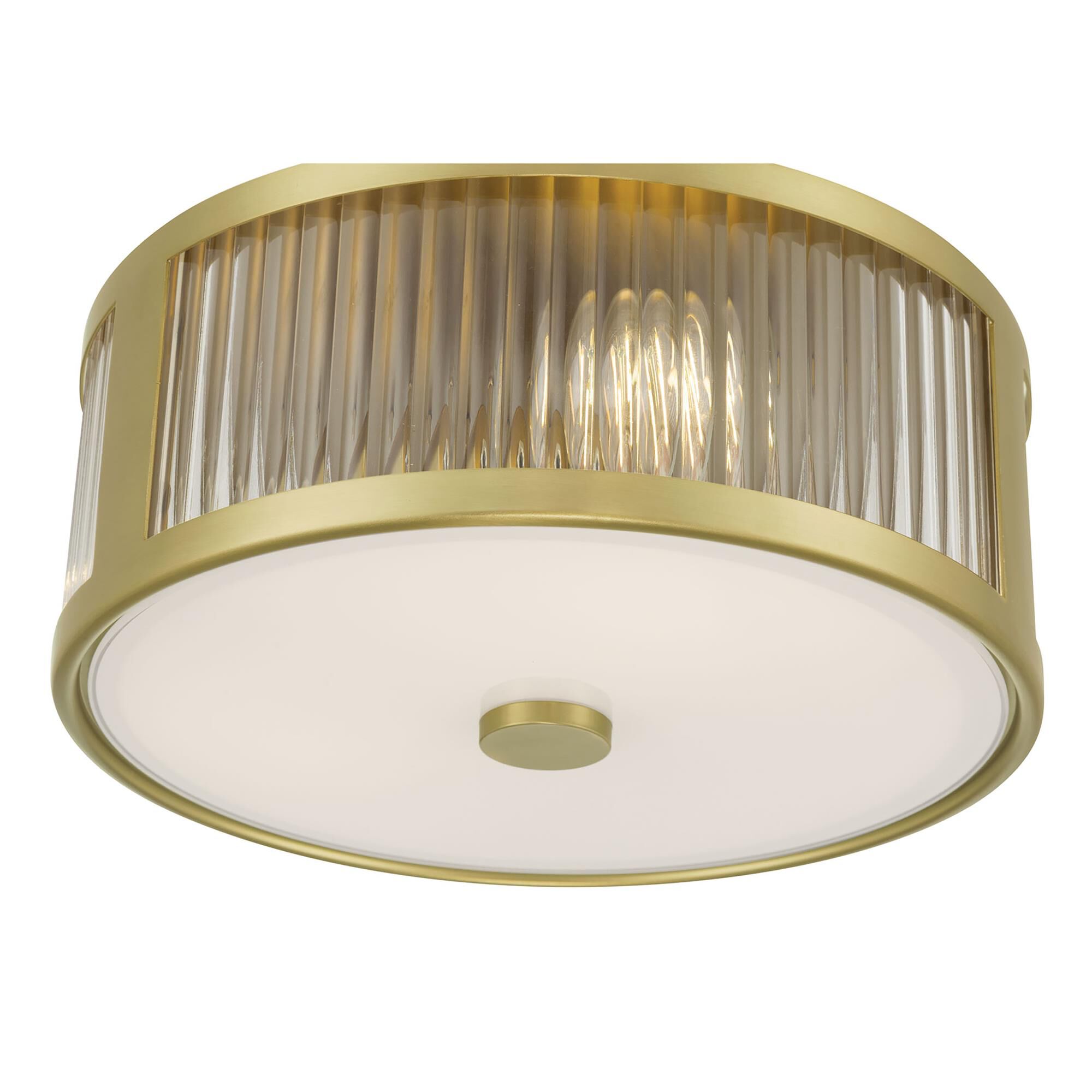 Shown in Vintage Brass finish and Clear Ribbed glass