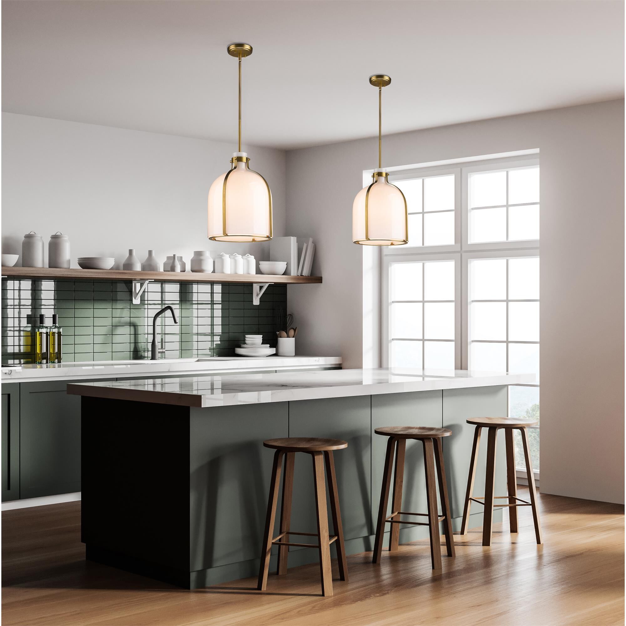 Shown in Rubbed Brass finish and White Opal glass and No Shade shade
