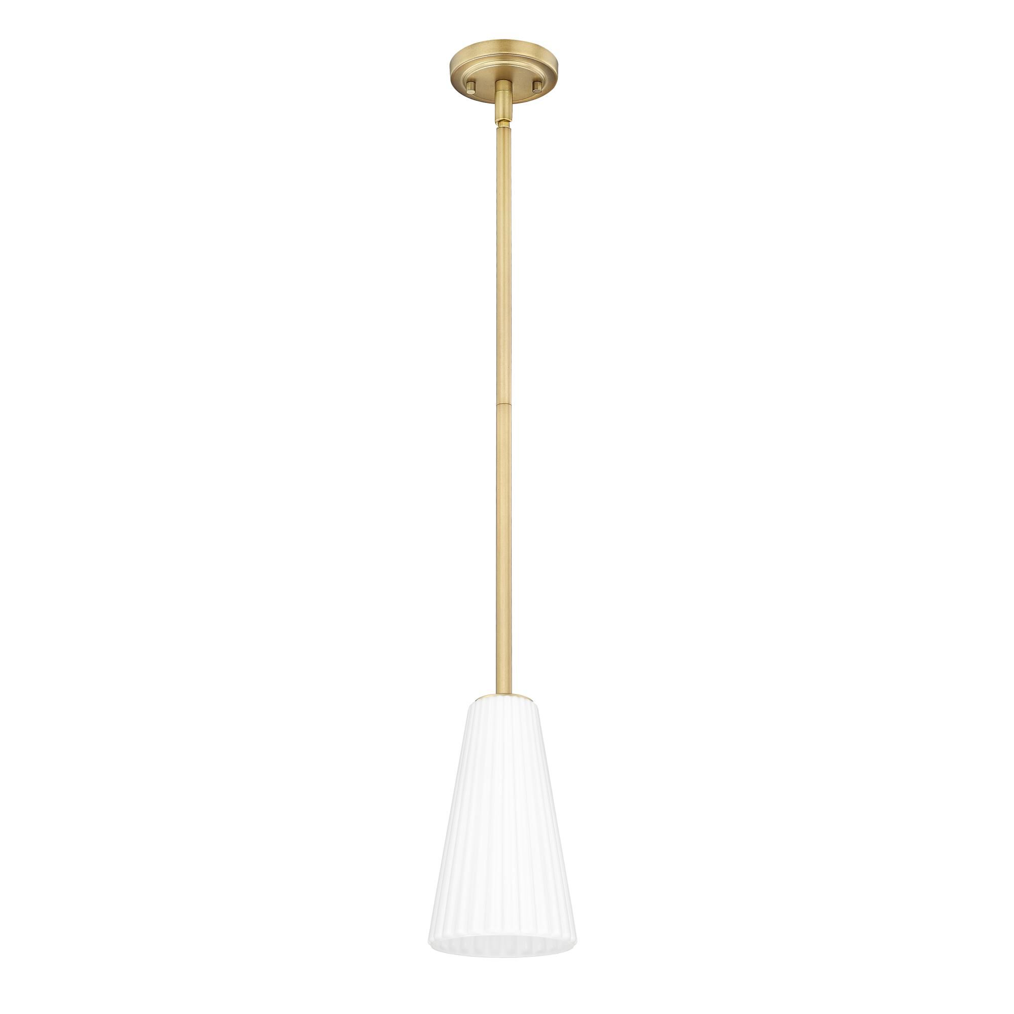 Shown in Modern Gold finish and White glass and White shade