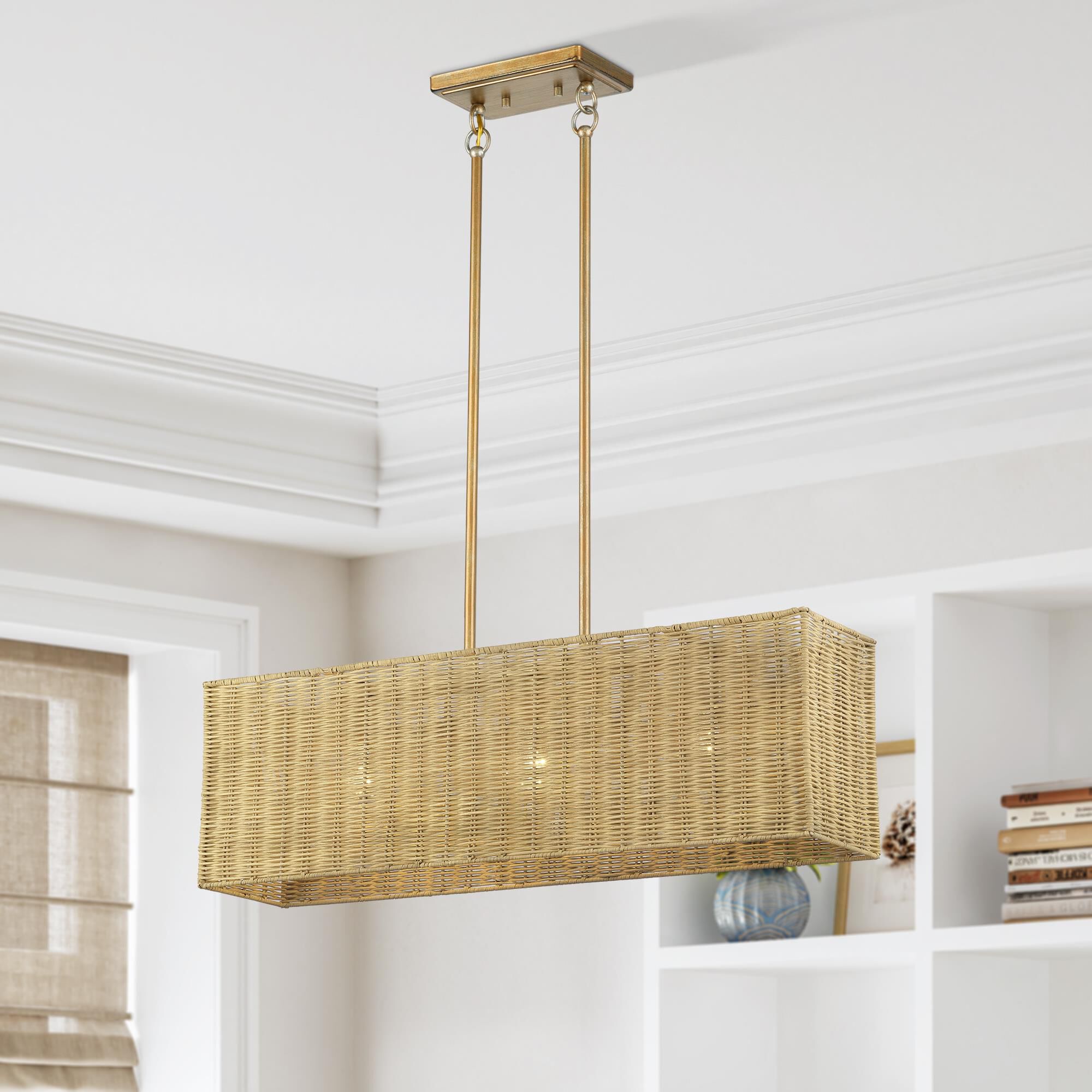 Shown in Antique Gold Leaf finish and Hand-Woven Rustic Walnut Color Rattan shade