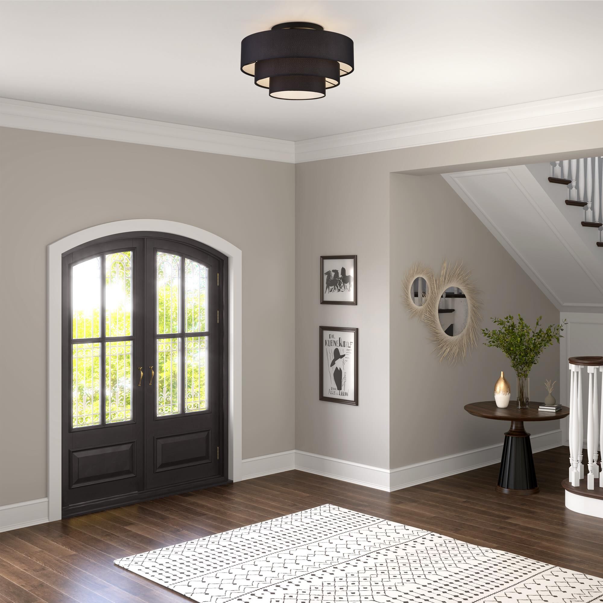 Shown in Black finish and Hand Crafted Black Fabric with White Color Inside shade