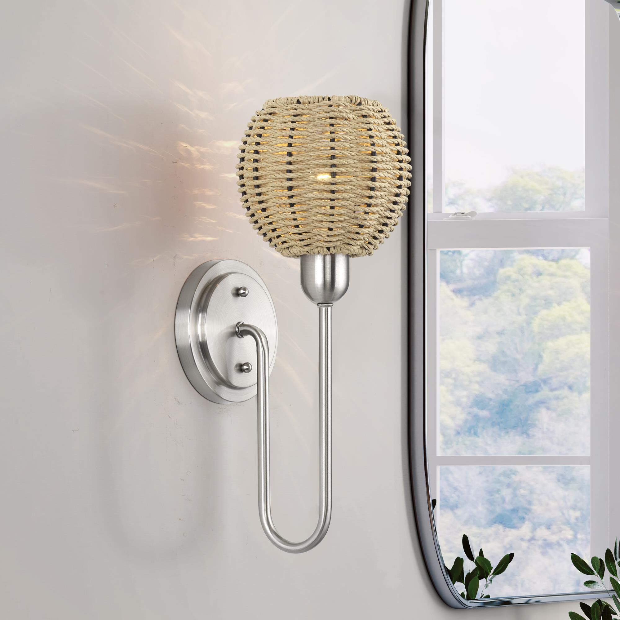 Shown in Brushed Nickel finish and Hand-Woven French Beige Paper Rope shade