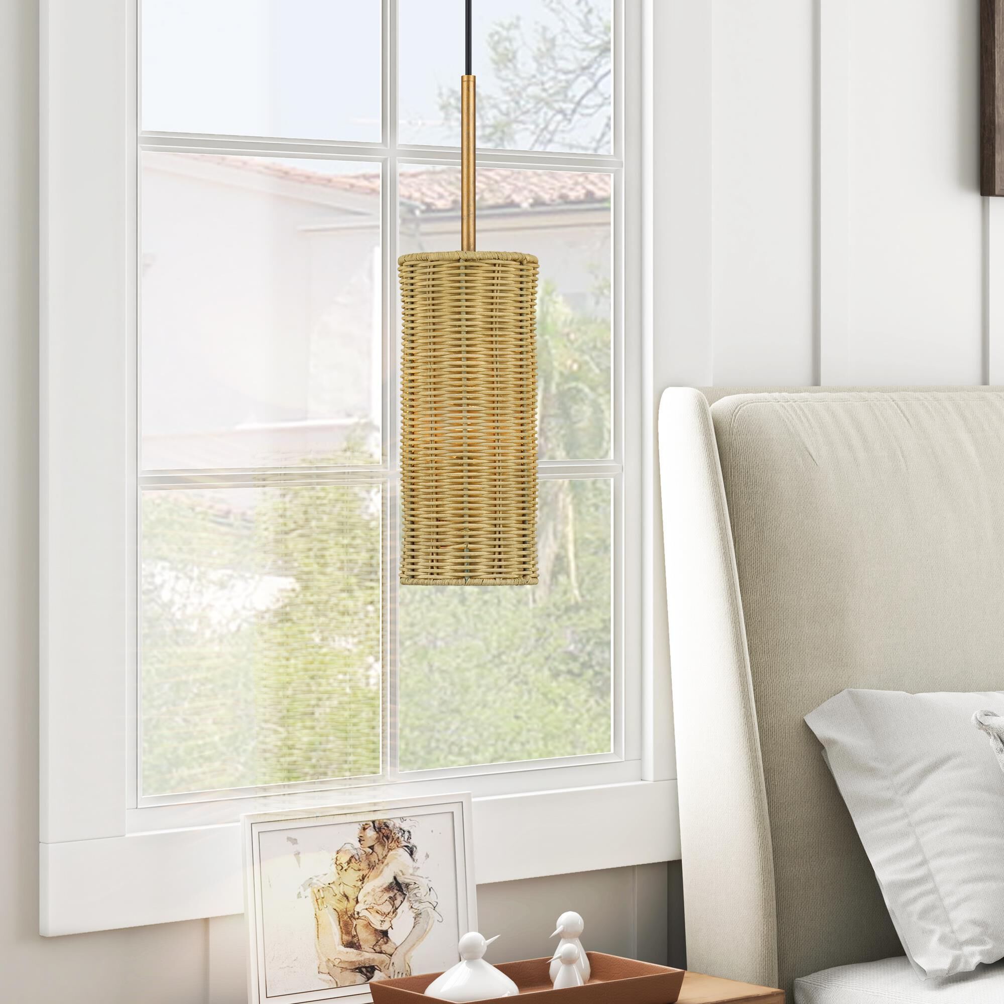 Shown in Antique Gold Leaf finish and Hand-Woven Rustic Walnut Color Rattan shade