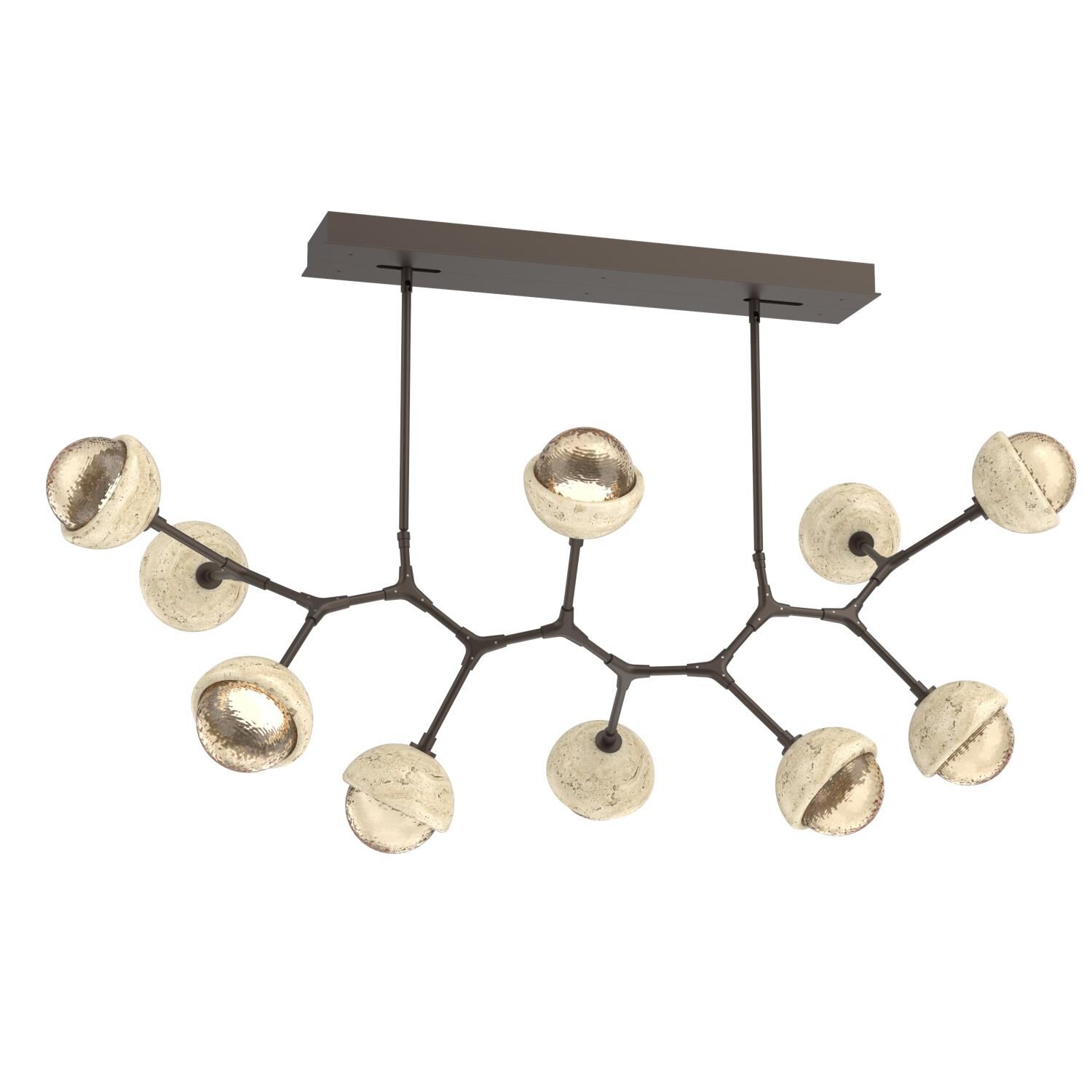 Shown in Flat Bronze finish and Amber glass and Travertine Stone accent