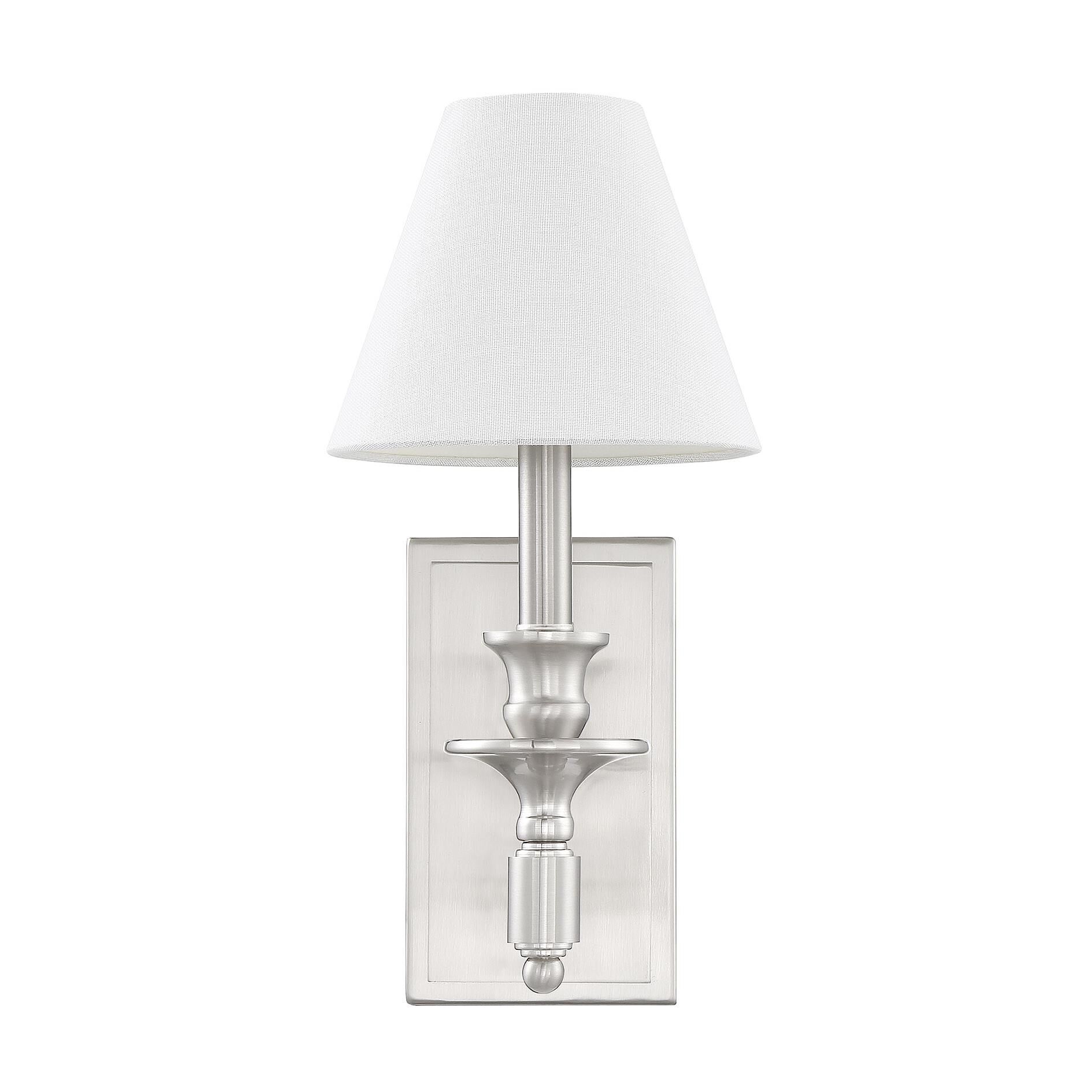 Shown in Satin Nickel finish and White Linen shade