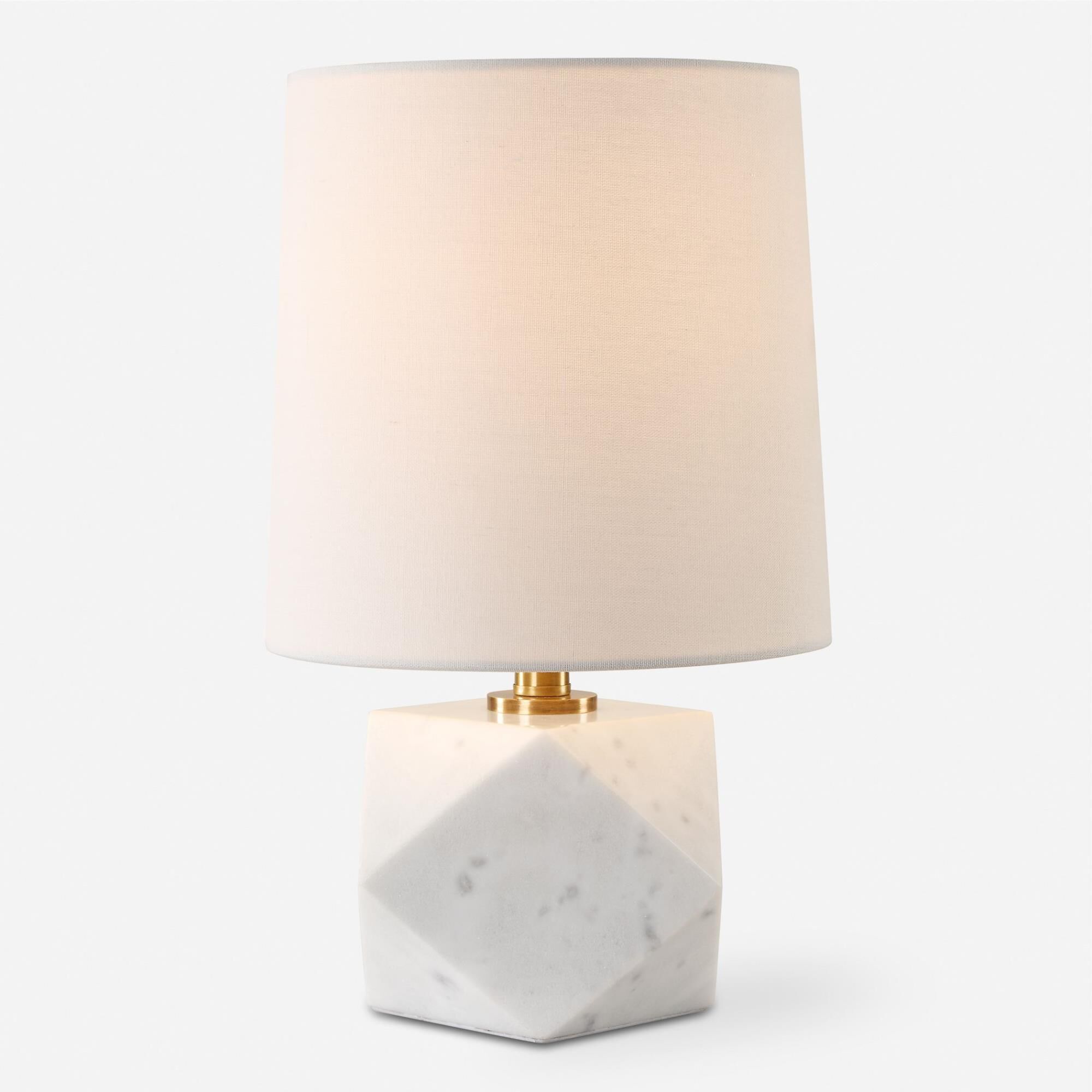 Shown in Featuring A Faceted Design, A Cut Above Table Lamp Is Crafted From White Marble With Subtle Veining  finish and Round Hardback shade