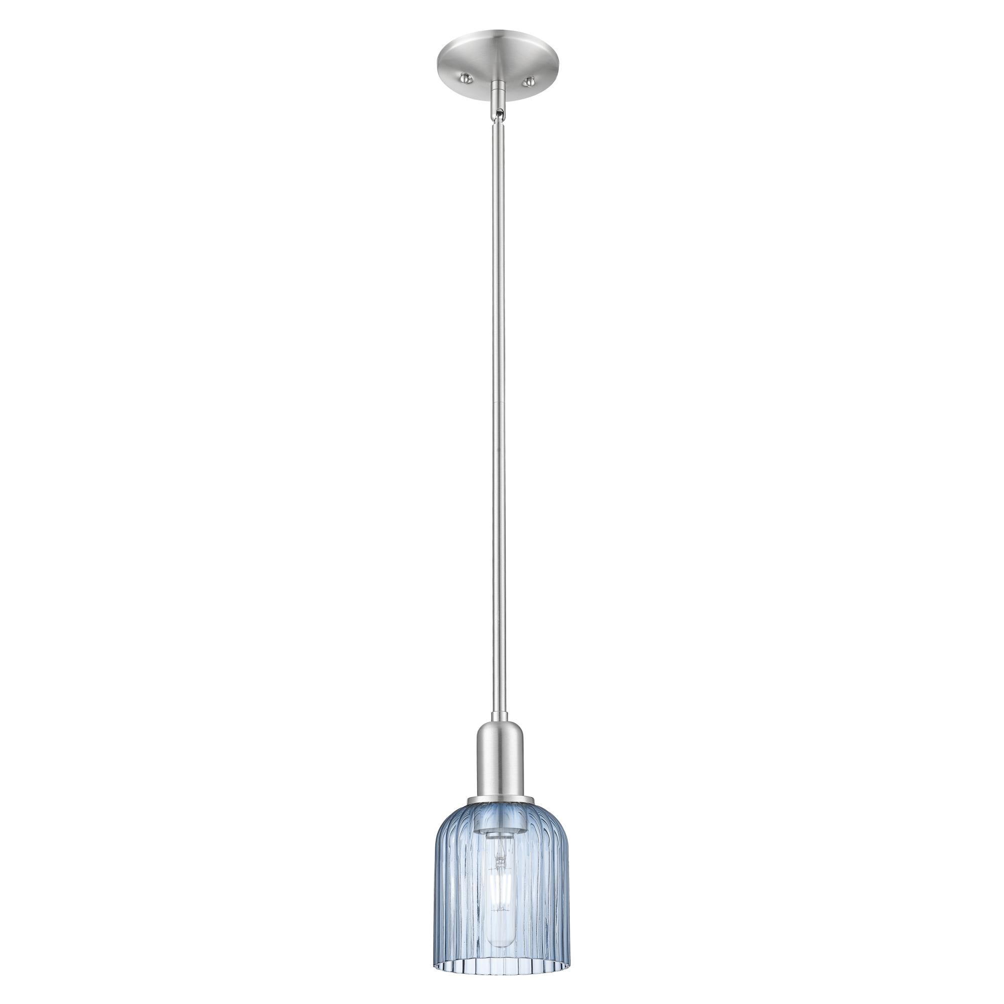 Shown in Brushed Satin Nickel finish and Blue glass