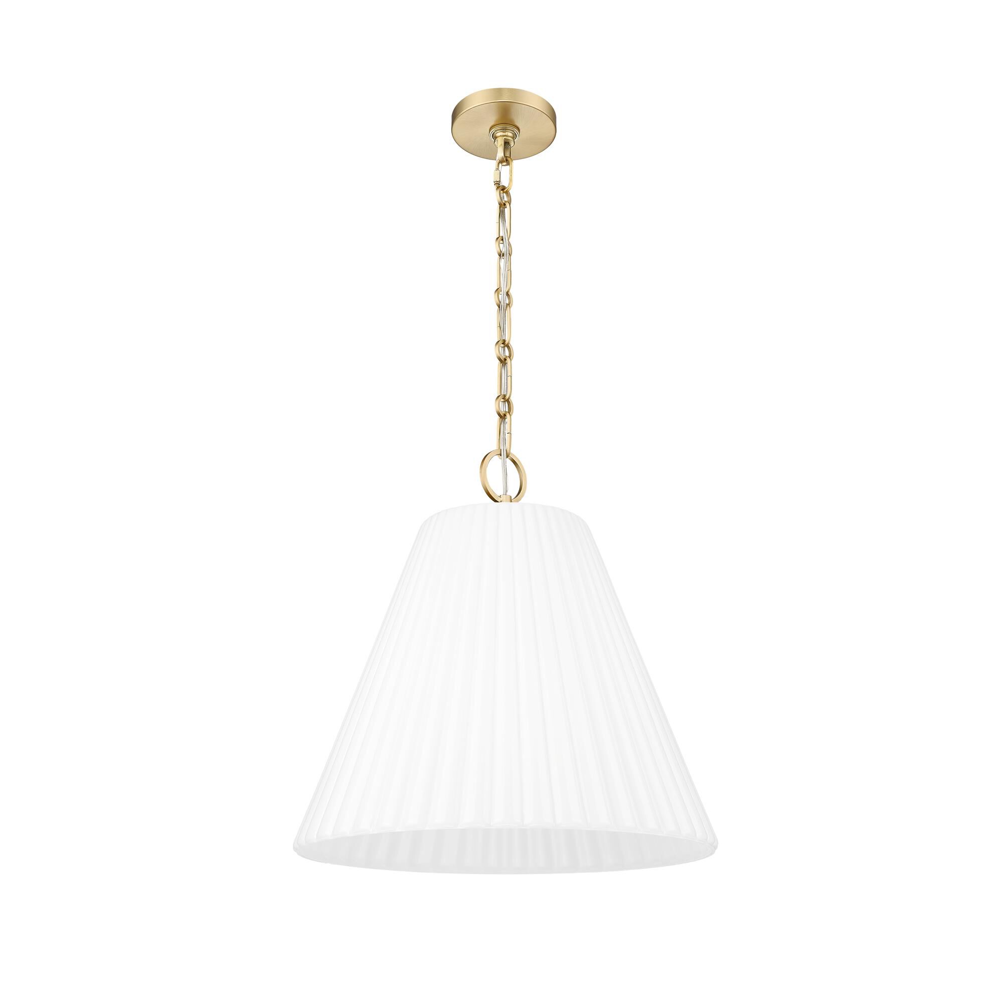 Shown in Modern Gold finish and White glass and White shade