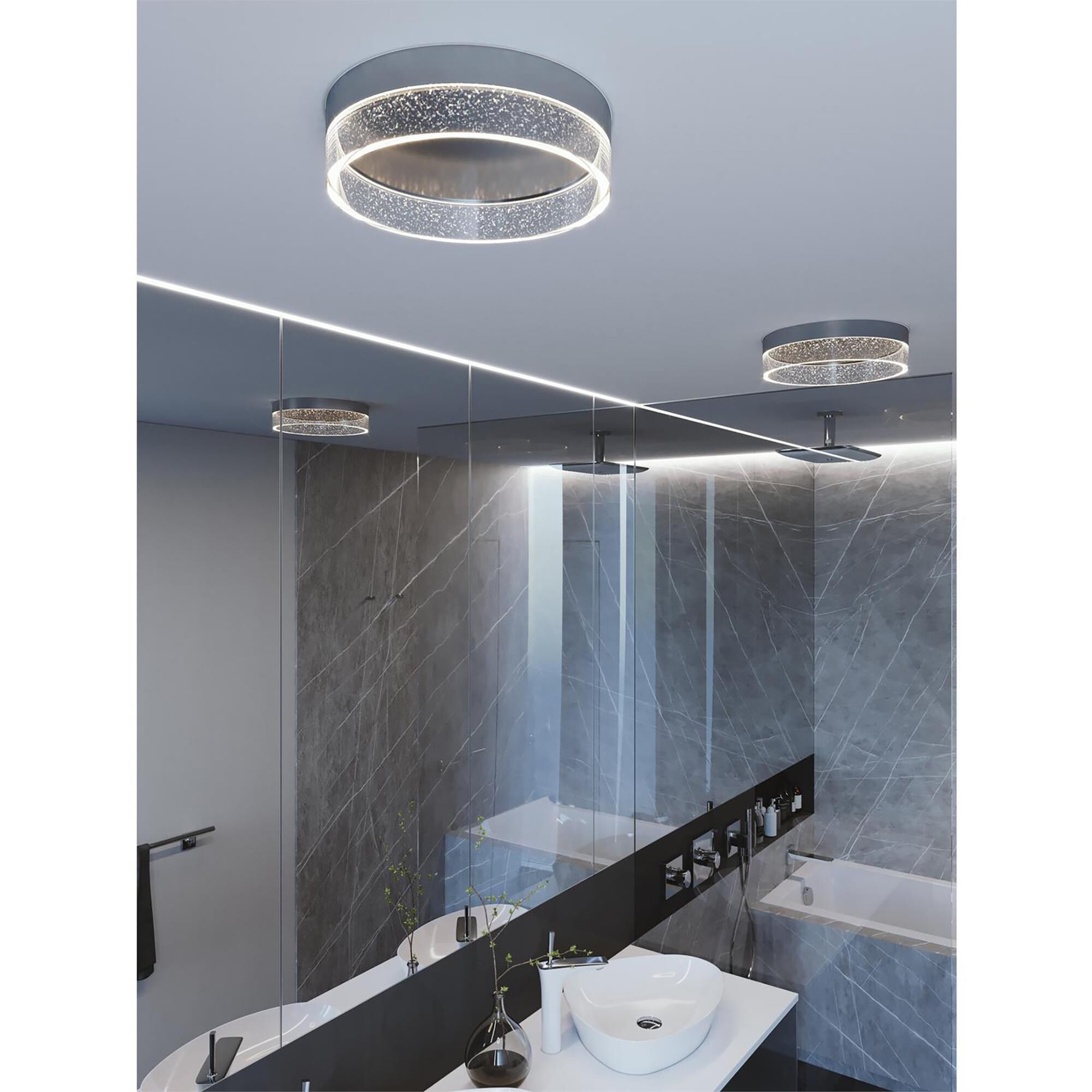 Shown in Satin Nickel finish and Clear Bubble Acrylic shade