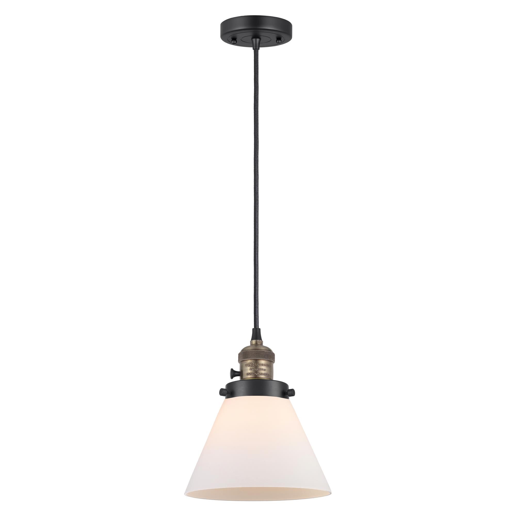 Shown in Black Antique Brass finish and Matte White glass