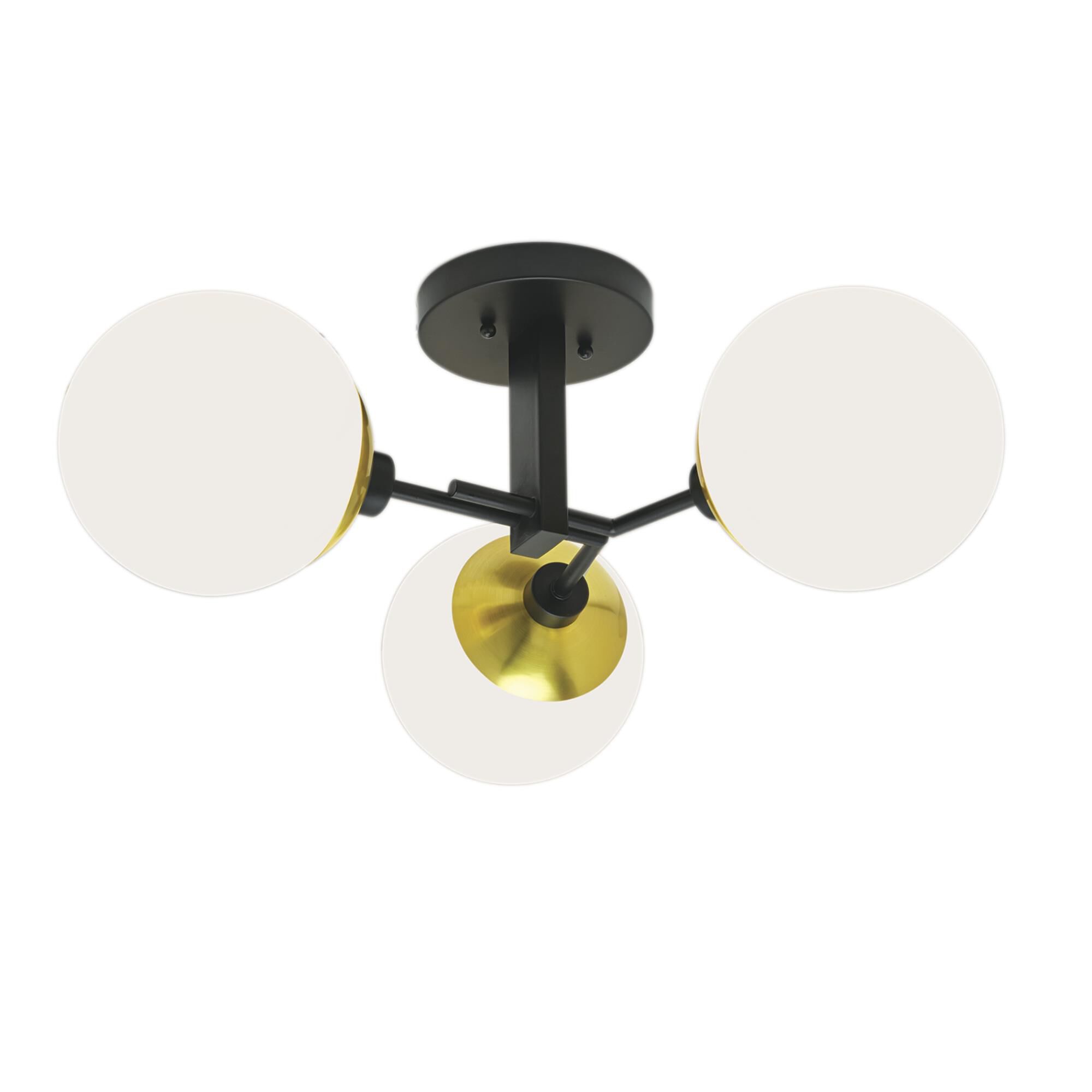 Shown in Matte Black With Polished Brass finish and Opal glass and Glass shade