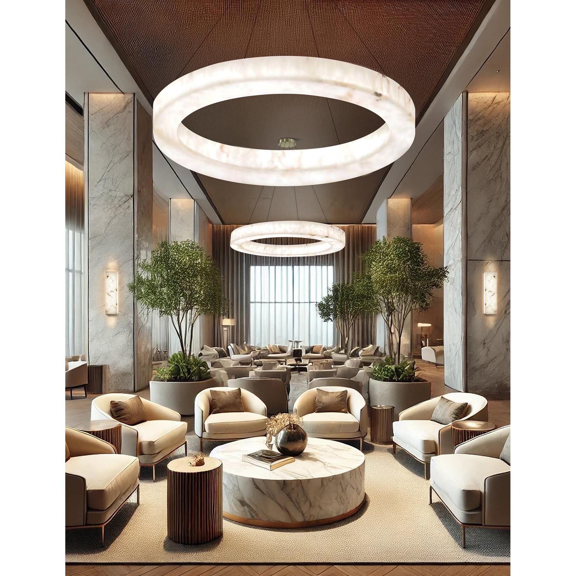 Shown in Brushed Brass finish and Faux Alabaster shade