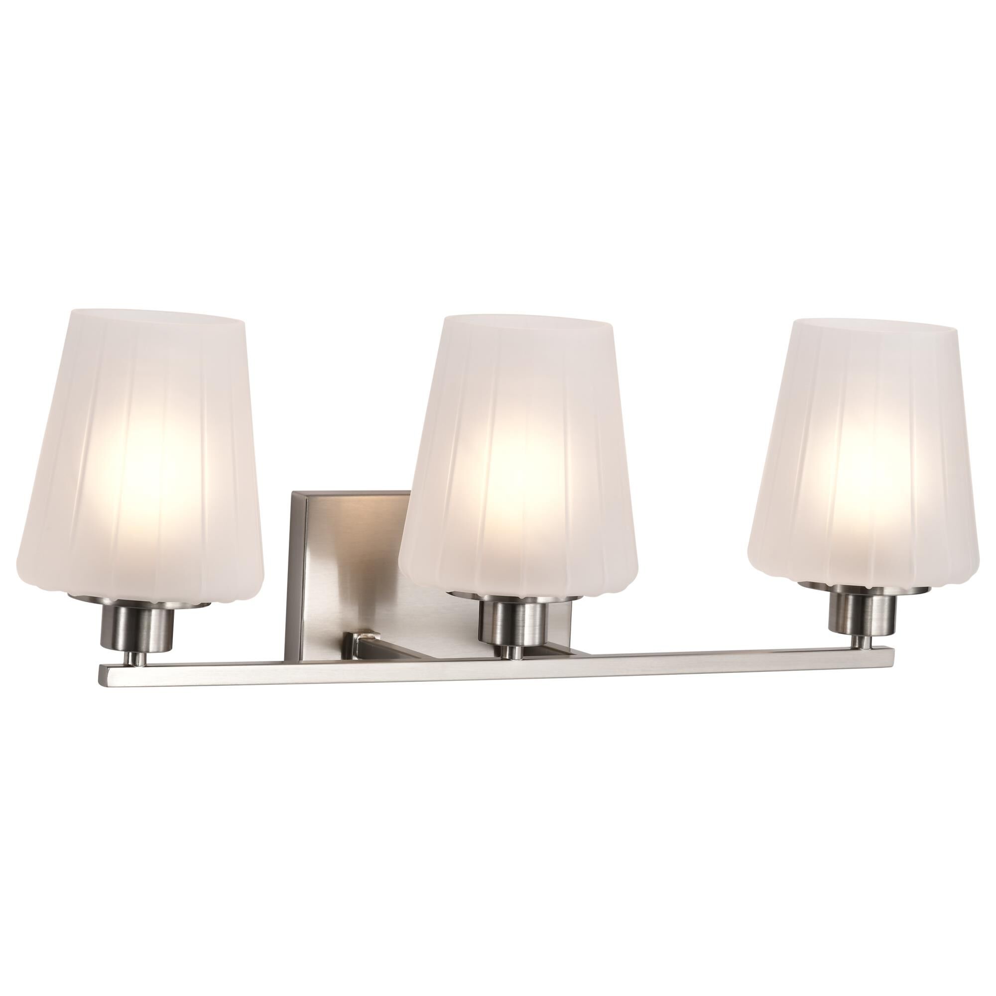 Shown in Brushed Nickel finish and Etched White glass