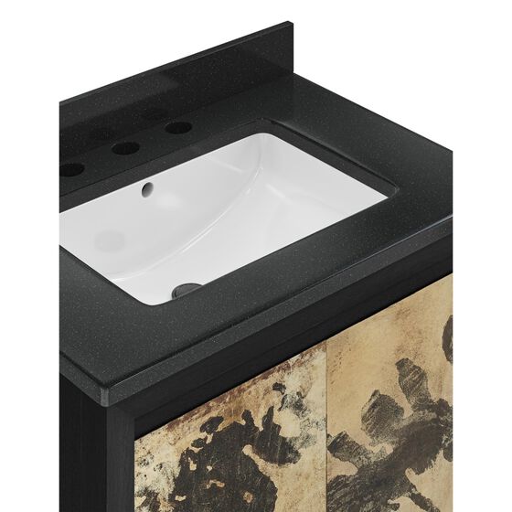 Close-up of the vessel sink and patterned door panel.
