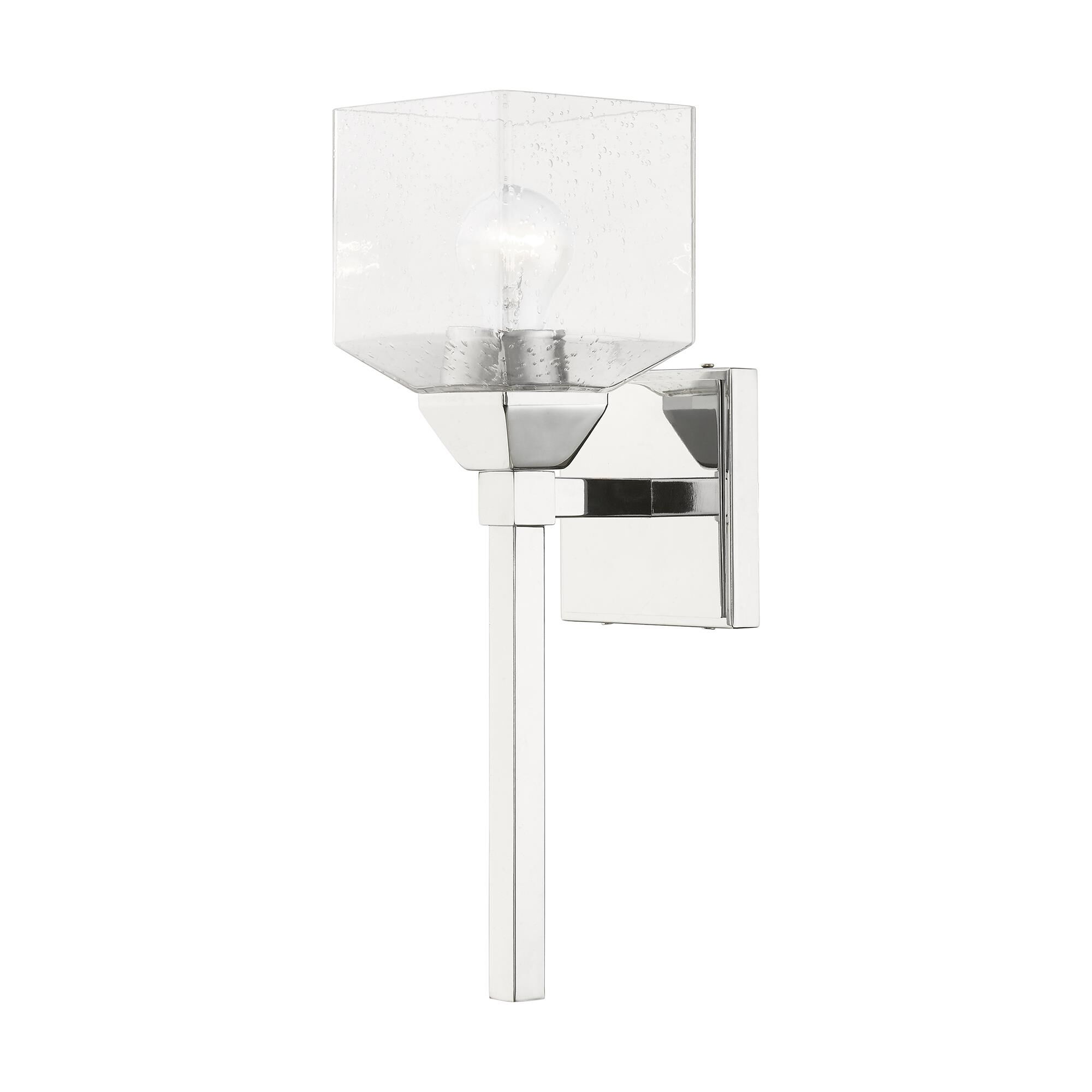 Shown in Polished Chrome finish and Hand Blown Clear Seeded glass