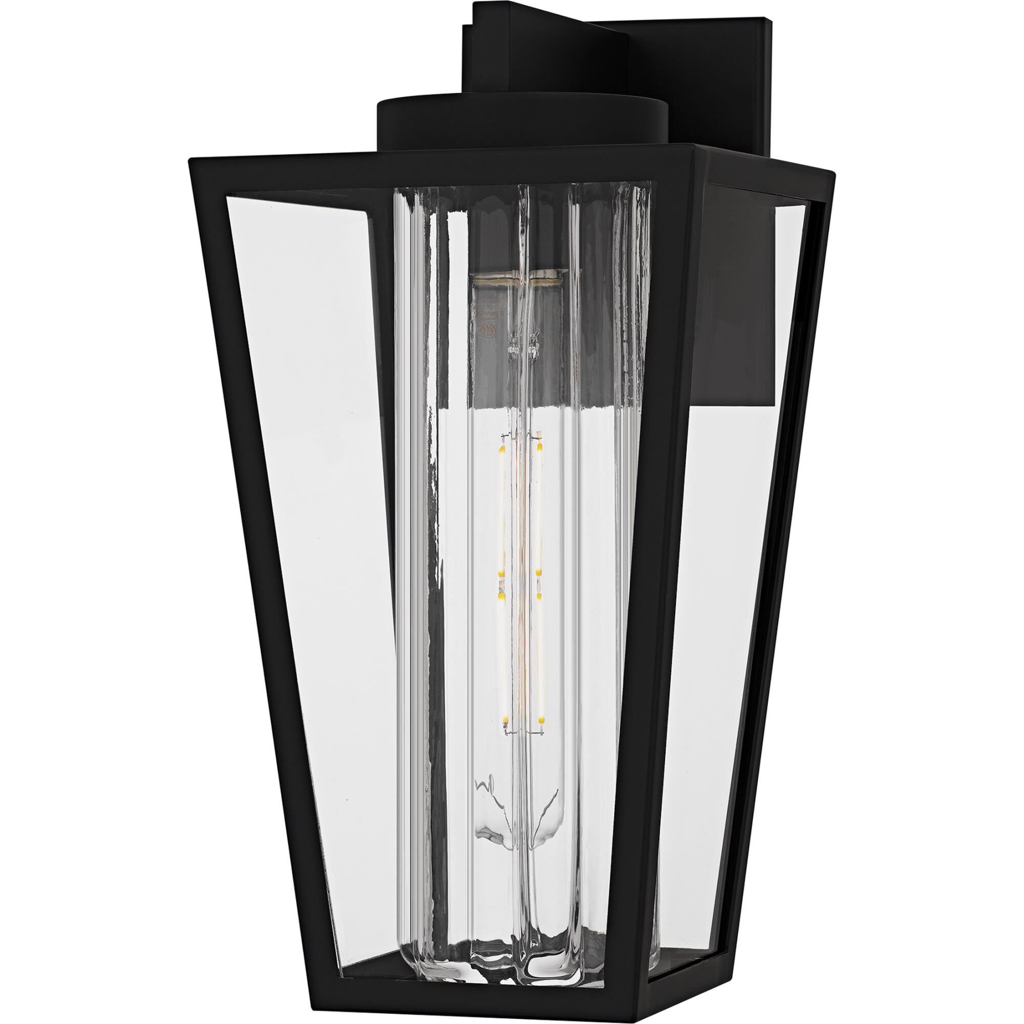 Shown in Matte Black finish and Clear Glass With Ribbed Interior, Clear Tempered Glass Panel shade
