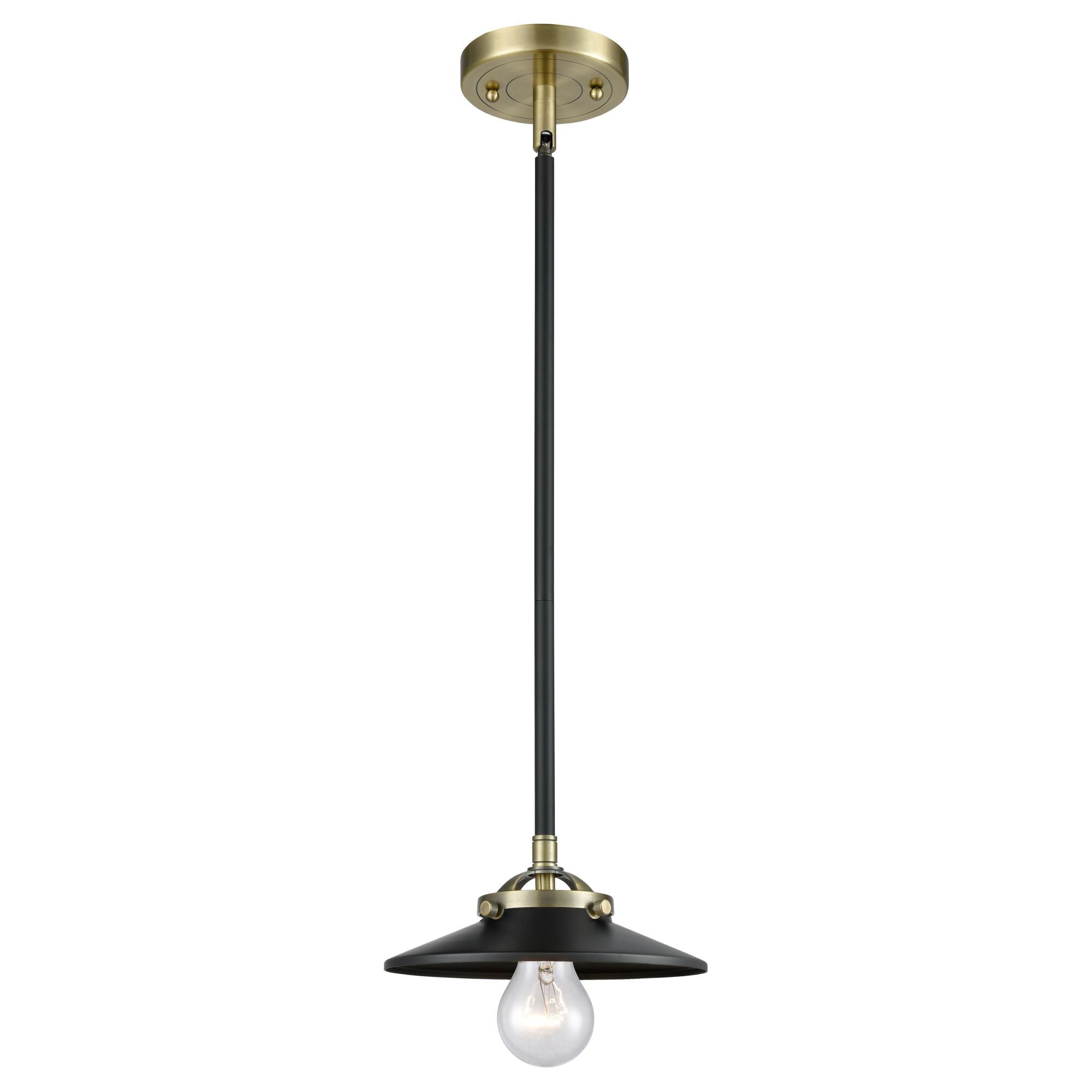 Shown in Black Antique Brass finish and Metal - Matte Black shade