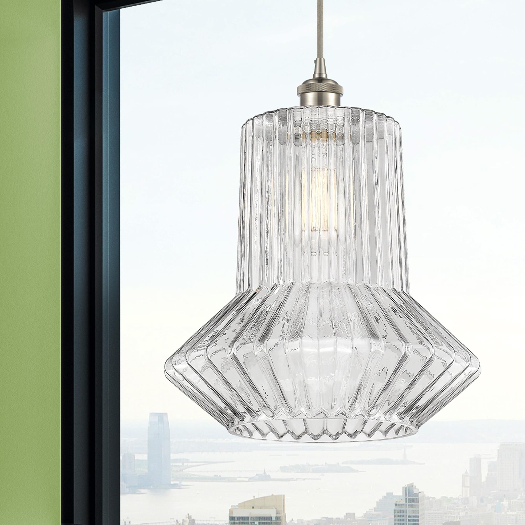 Shown in Brushed Satin Nickel finish and Clear Crystal glass