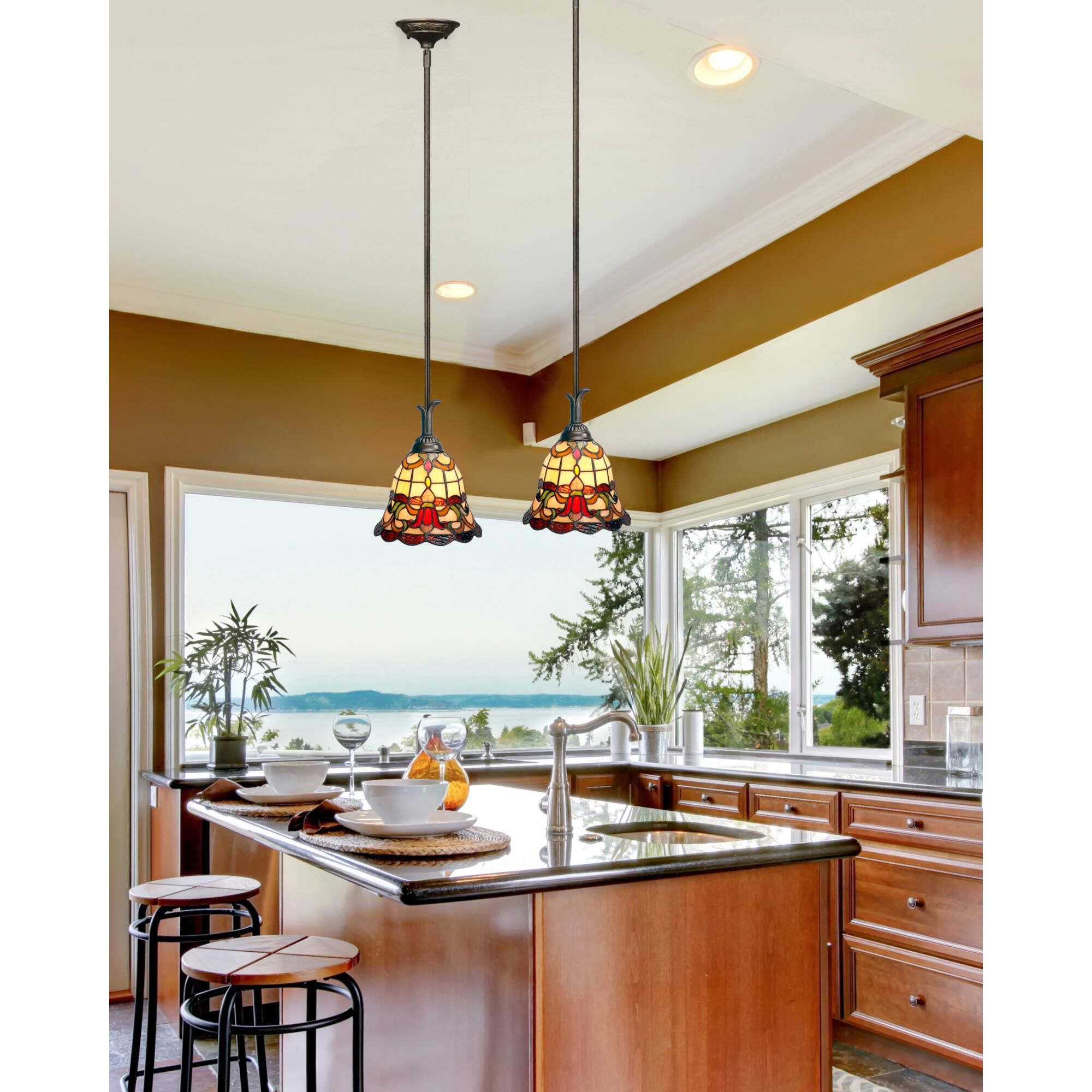 Shown in Antique Bronze Plating finish and Hand Rolled Art Glass shade