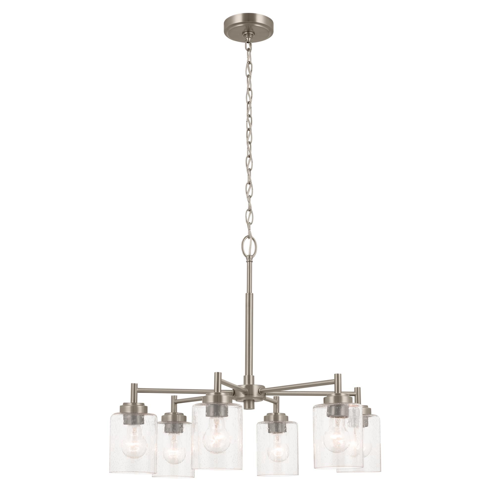 Shown in Brushed Nickel finish and Clear Seeded glass
