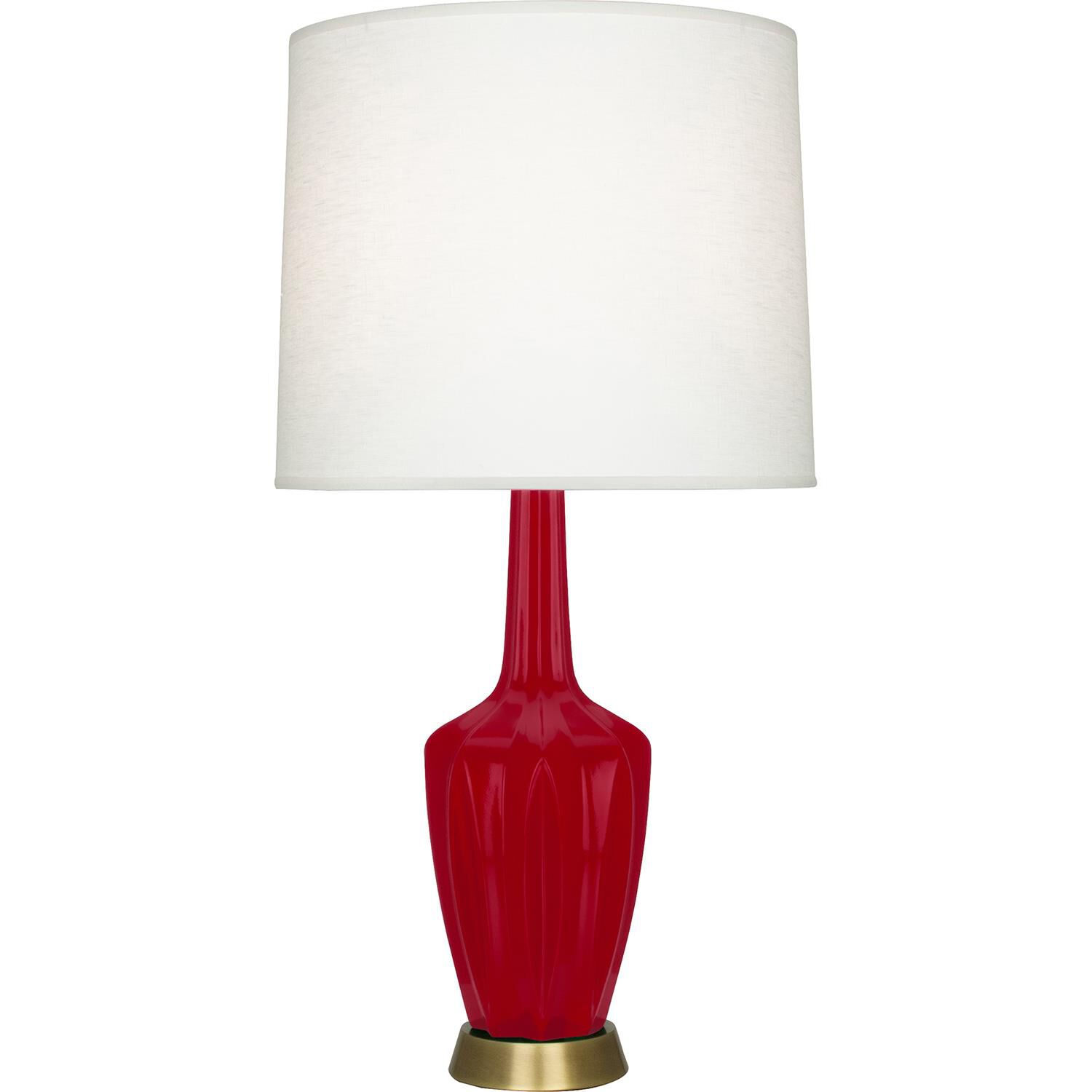 Shown in Ruby Red finish and Off White shade and Warm Brass accent