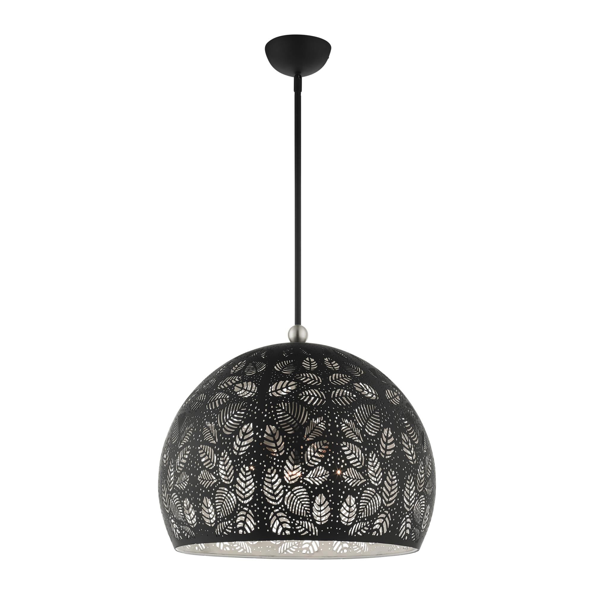 Shown in Black With Brushed Nickel Accents finish and Ornamental Metal Shade/ Black/ White Finish Inside glass and Ornamental Metal / Black/ White Finish Inside shade