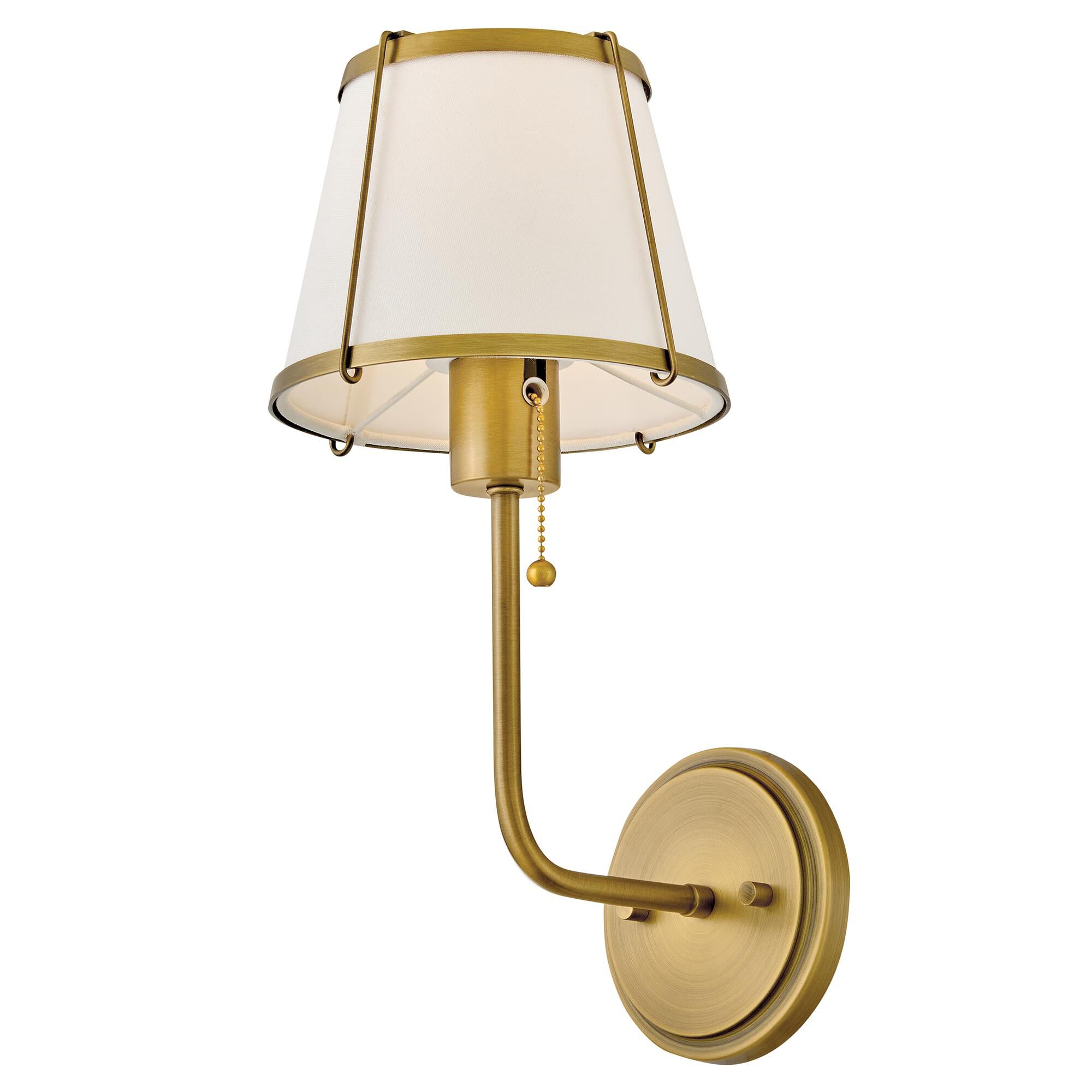 Shown in Lacquered Dark Brass finish and Off-White Linen shade