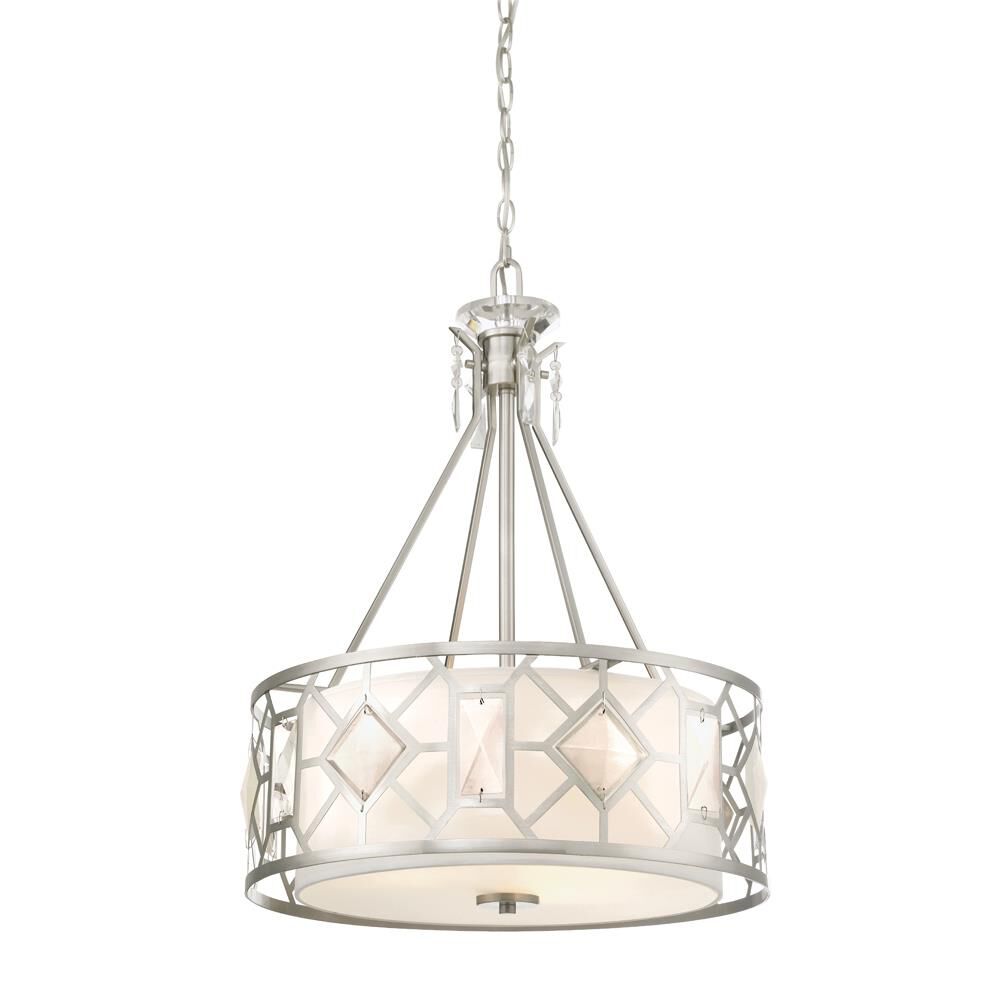 Shown in Satin Platinum finish and Clear Faceted crystal and White Linen shade