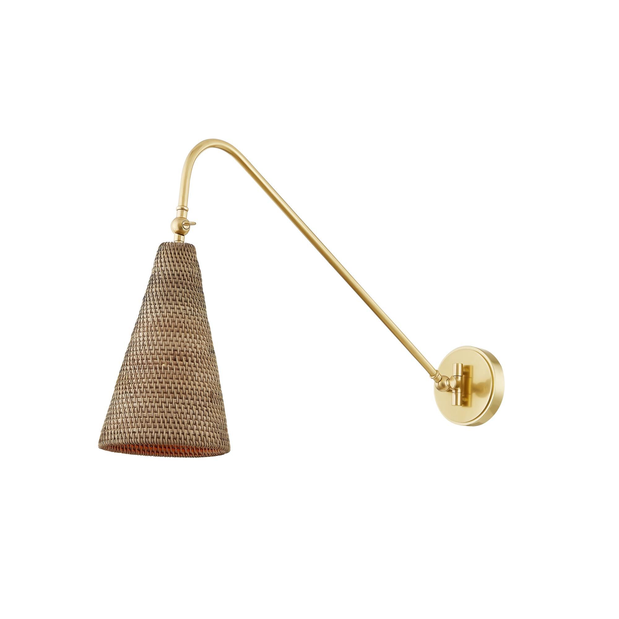 Shown in Aged Brass finish and Vintage Natural Wicker shade