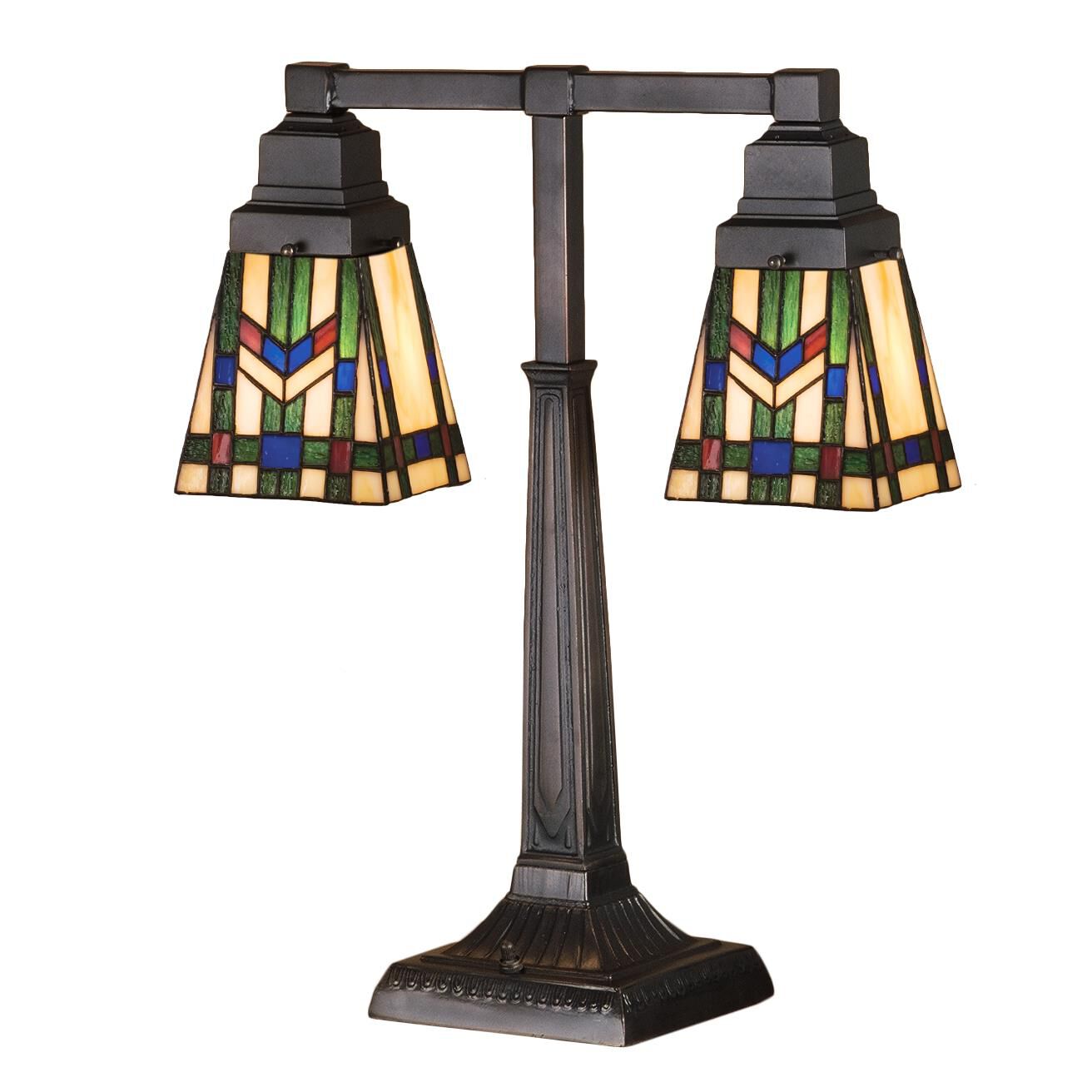 Shown in Mahogany Bronze finish and Beige-Burgundy-Light Blue-Green glass