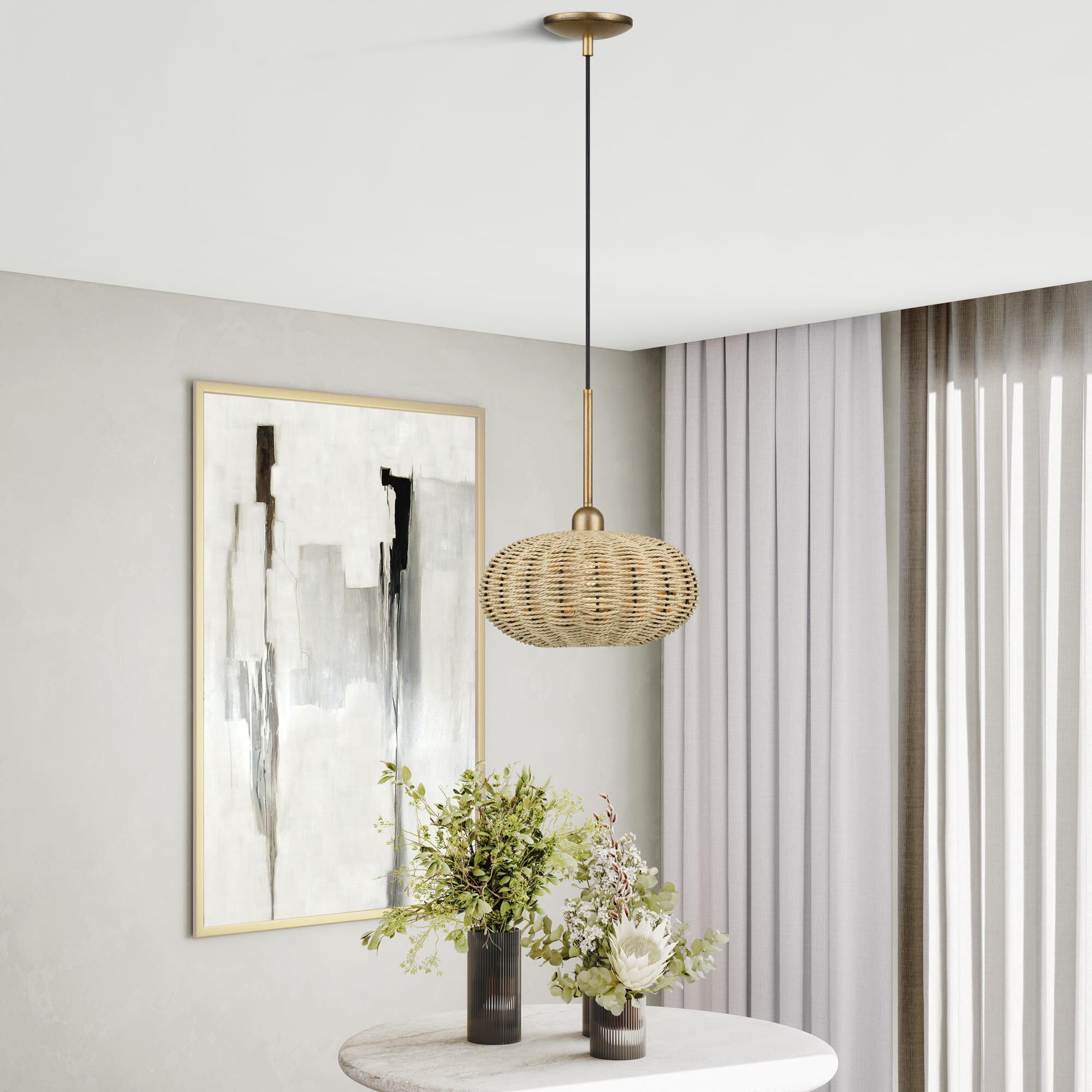 Shown in Antique Gold Leaf finish and Hand-Woven French Beige Paper Rope shade